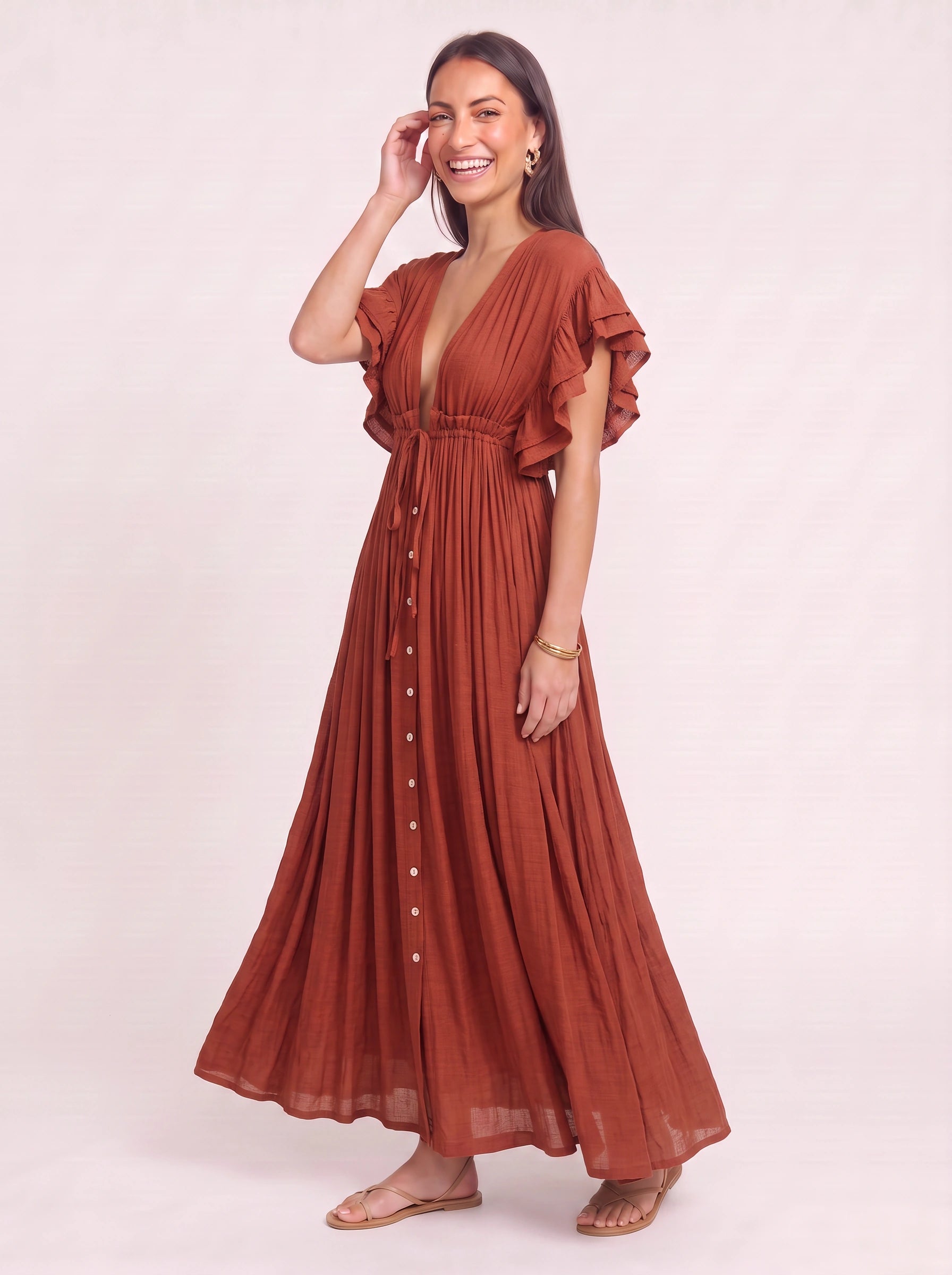 Oliveflow Plunge Neck Maxi Dress – Boho Summer Women Sundress Casual Beach Vacation Flutter Sleeve Maxi Dress