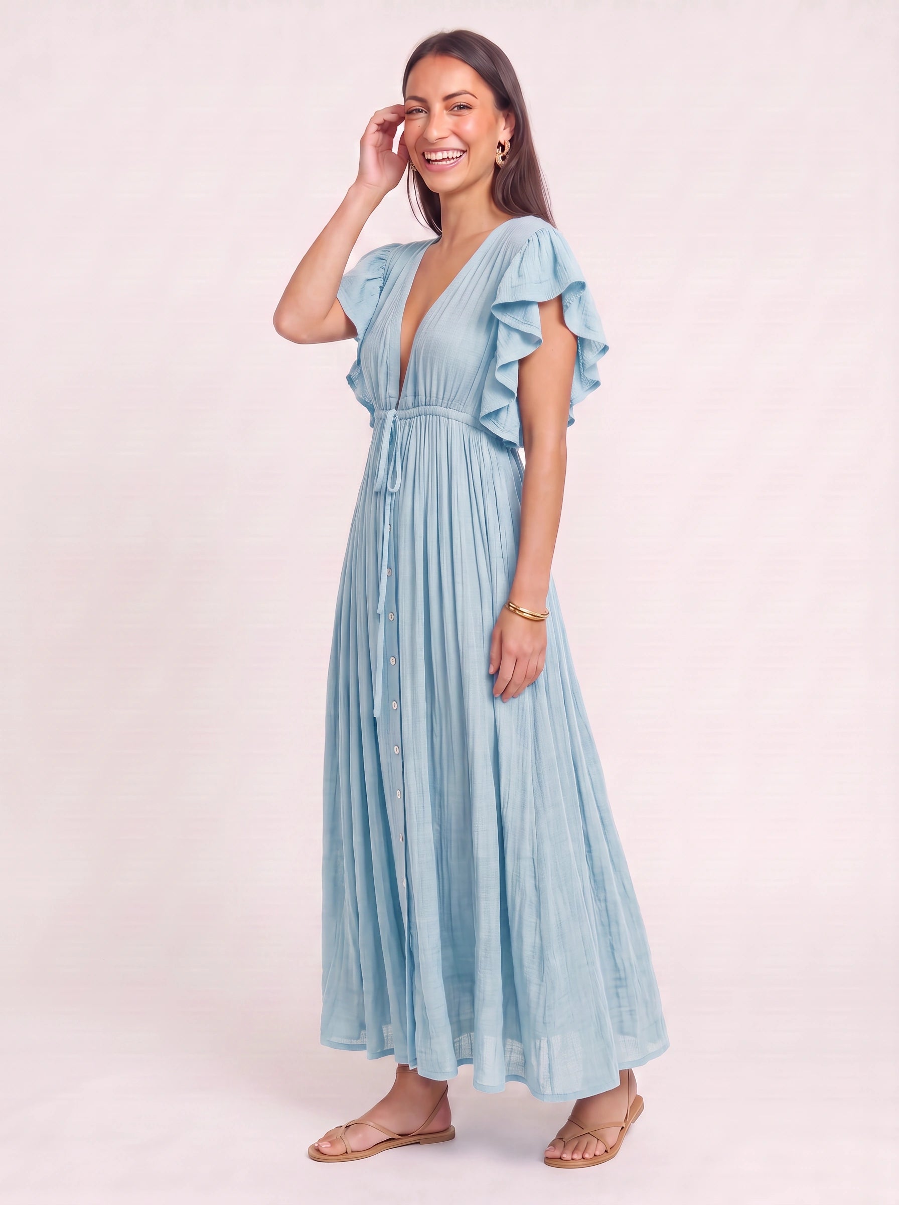 Oliveflow Plunge Neck Maxi Dress – Boho Summer Women Sundress Casual Beach Vacation Flutter Sleeve Maxi Dress