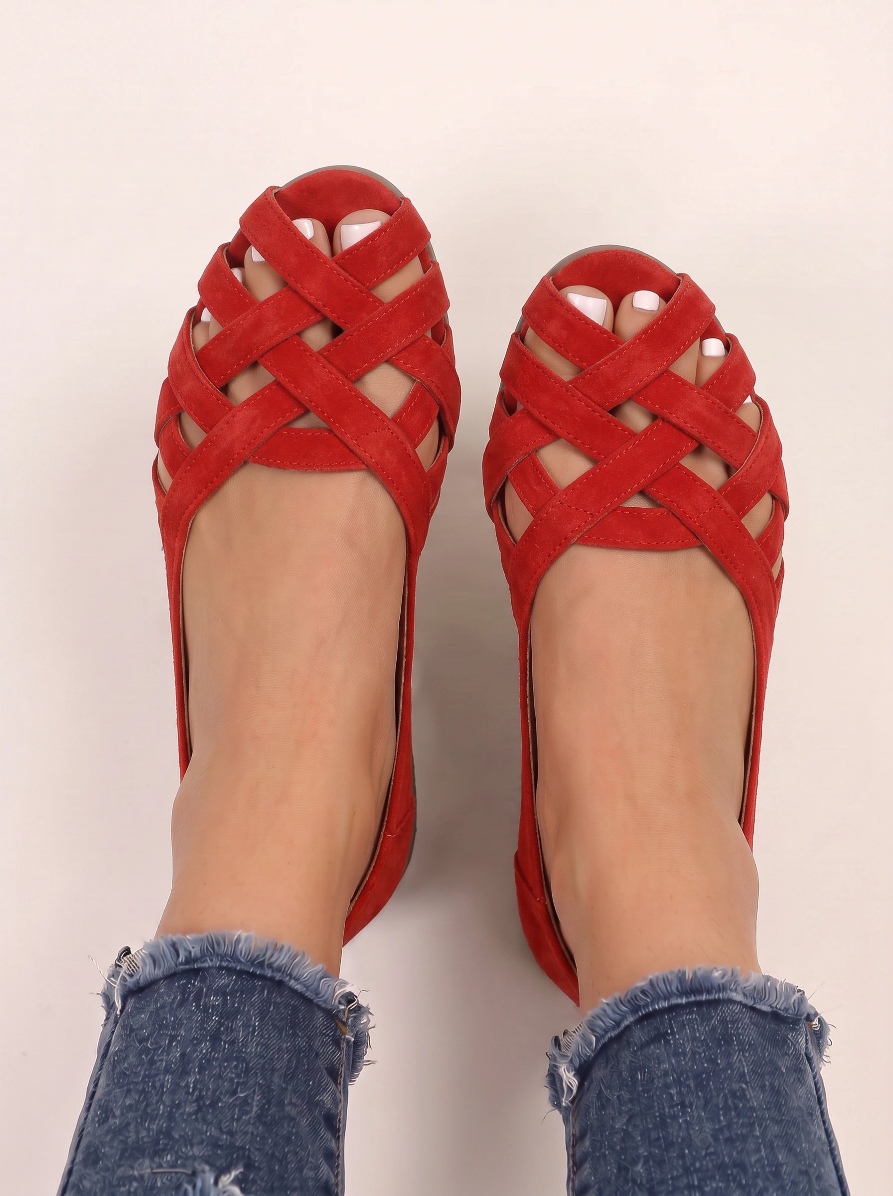 Valerie Woven Suede Peep Toe Flats – Women Slip On Sandals Summer Casual Basket Weave Cutout Ballet Flats