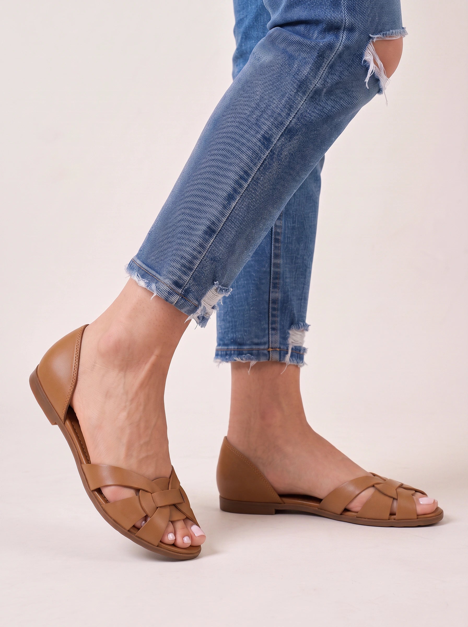 Sienna Leather Interwoven Strappy Peep Toe Flats – Women Sandals Designer Woven Casual Summer d'Orsay Flats