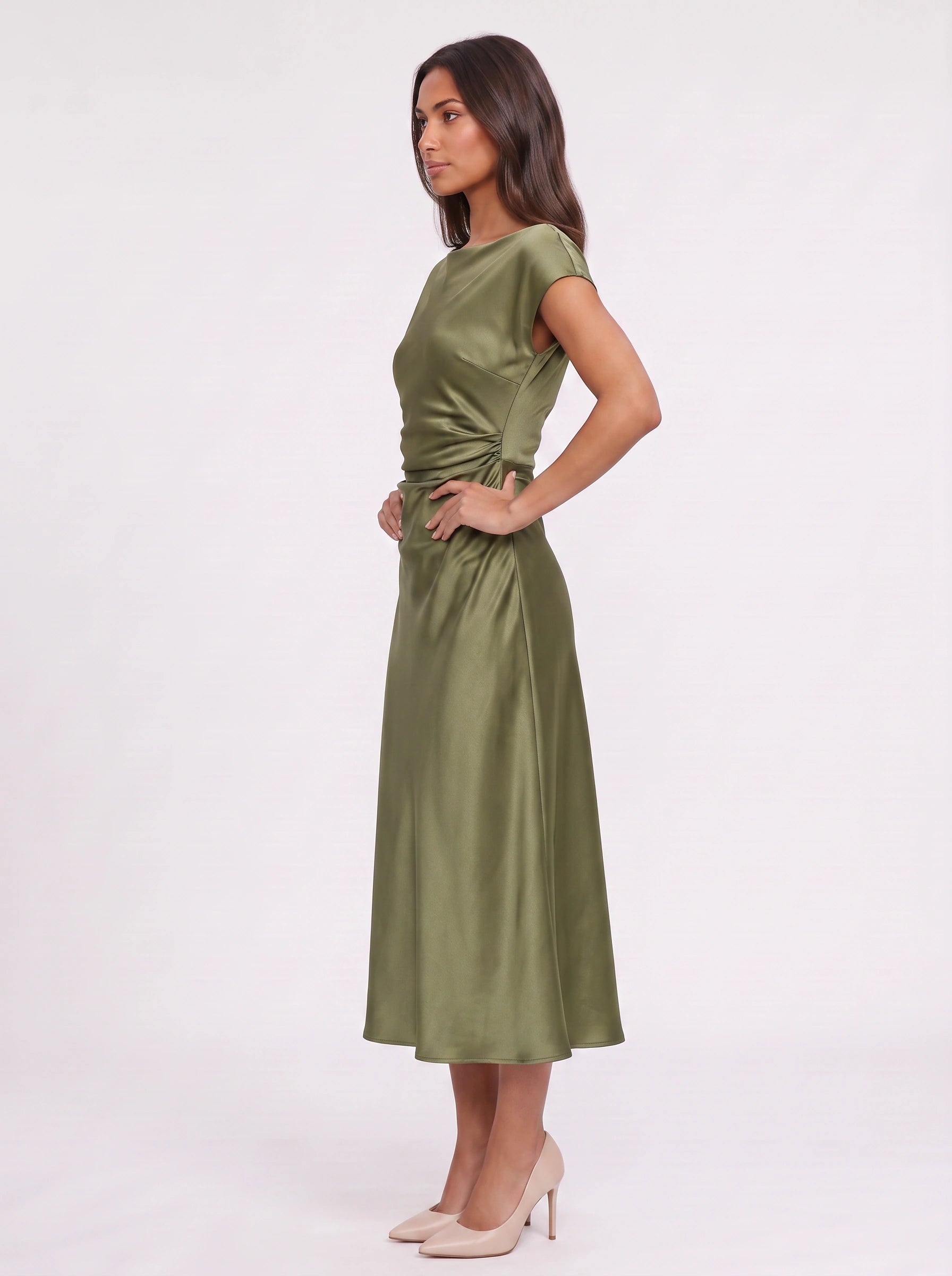 Olivara Satin Wrap Midi Dress – Formal Wedding Guest Women Elegant Evening Boat Neck Midi Dress