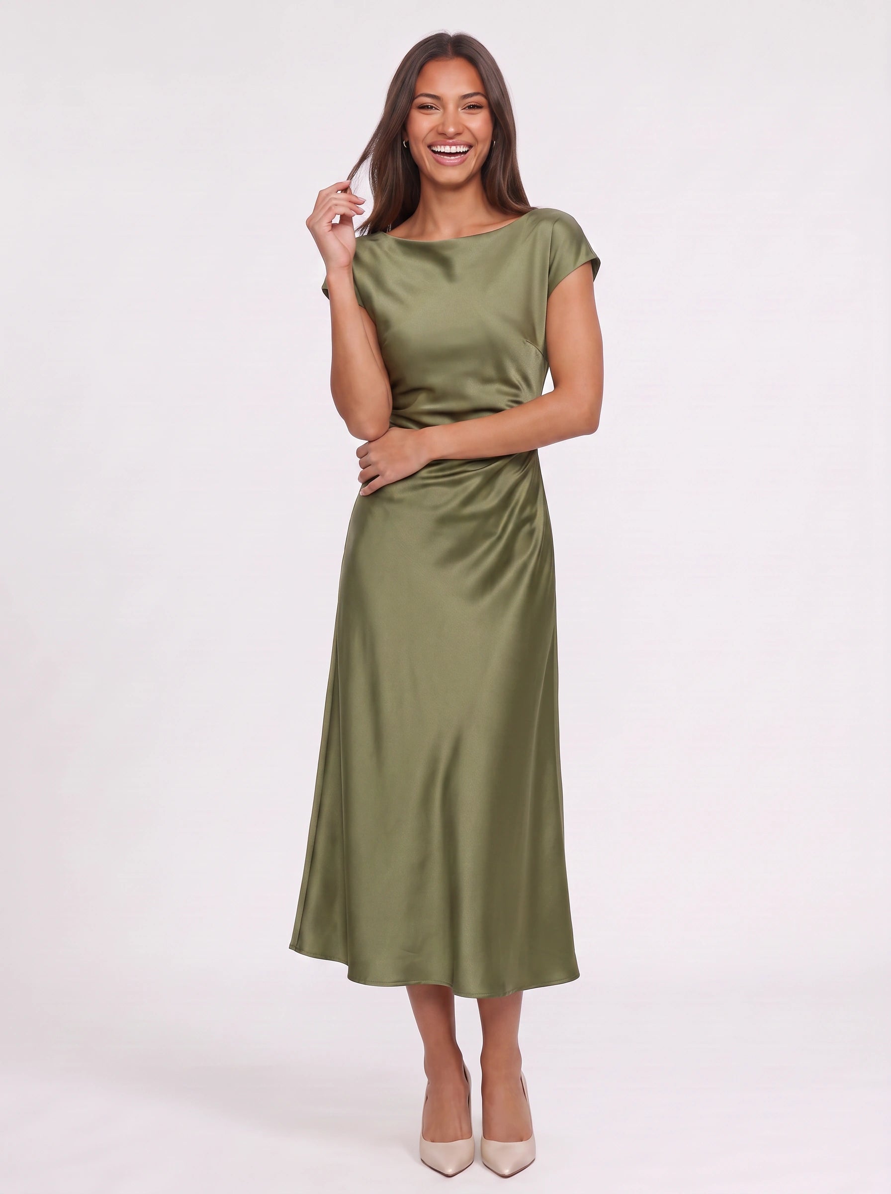 Olivara Satin Wrap Midi Dress – Formal Wedding Guest Women Elegant Evening Boat Neck Midi Dress