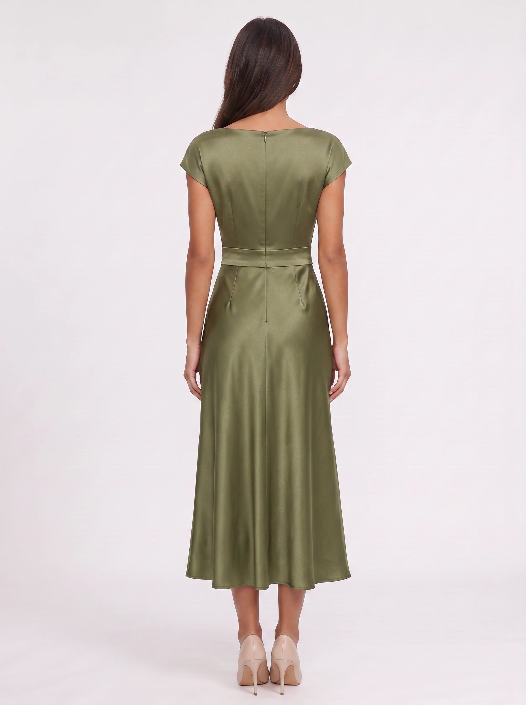 Olivara Satin Wrap Midi Dress – Formal Wedding Guest Women Elegant Evening Boat Neck Midi Dress