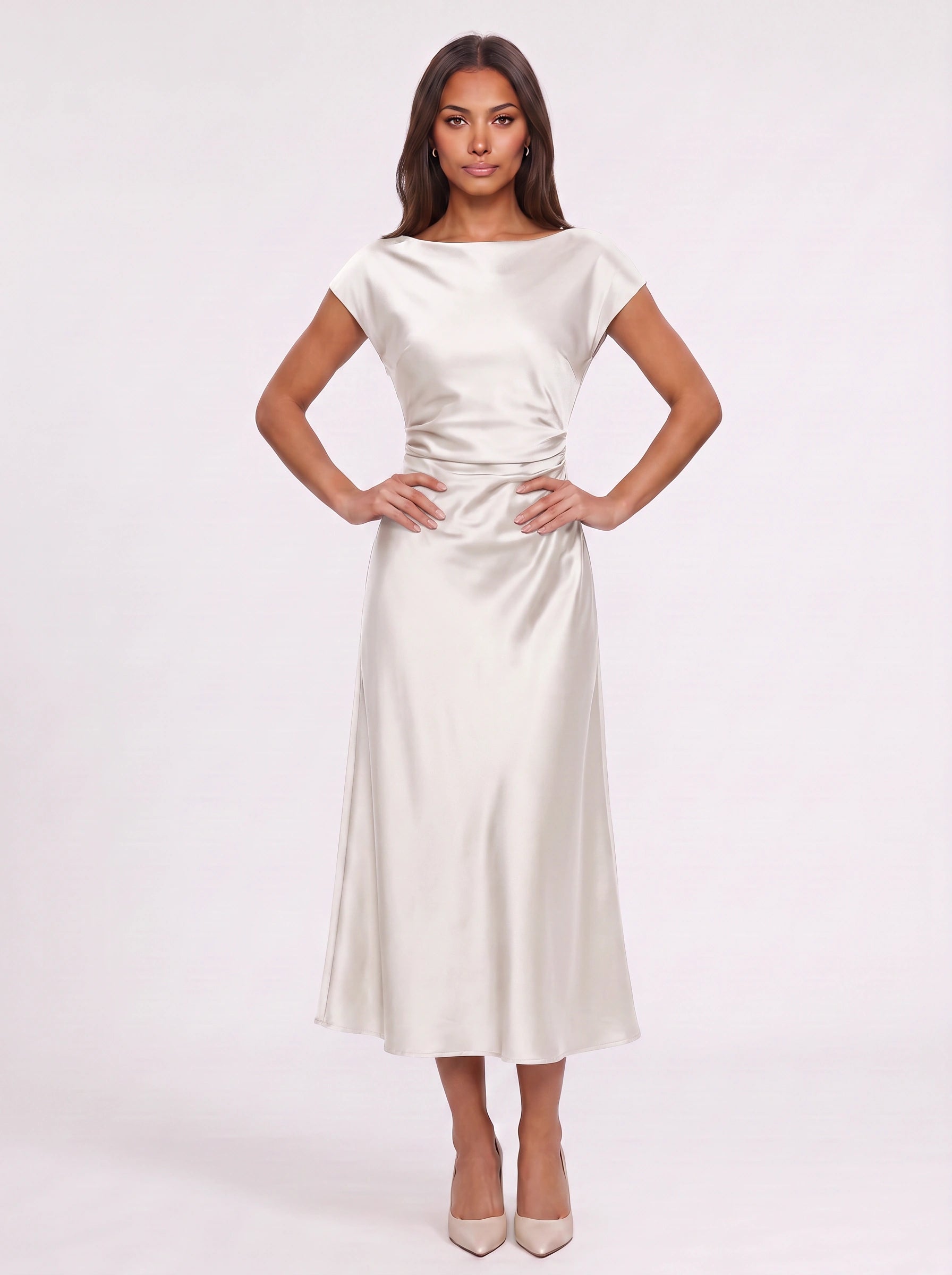 Olivara Satin Wrap Midi Dress – Formal Wedding Guest Women Elegant Evening Boat Neck Midi Dress