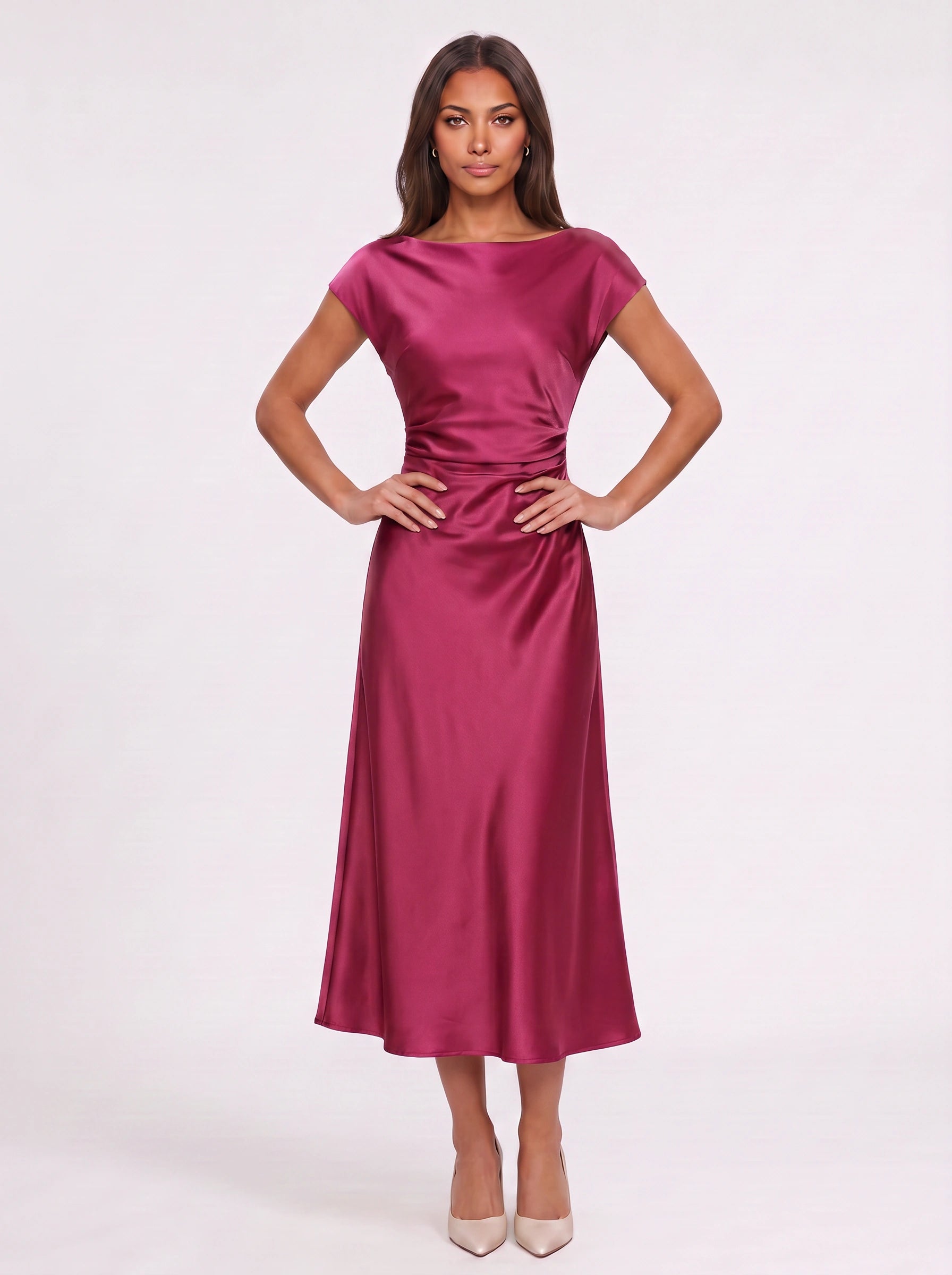 Olivara Satin Wrap Midi Dress – Formal Wedding Guest Women Elegant Evening Boat Neck Midi Dress