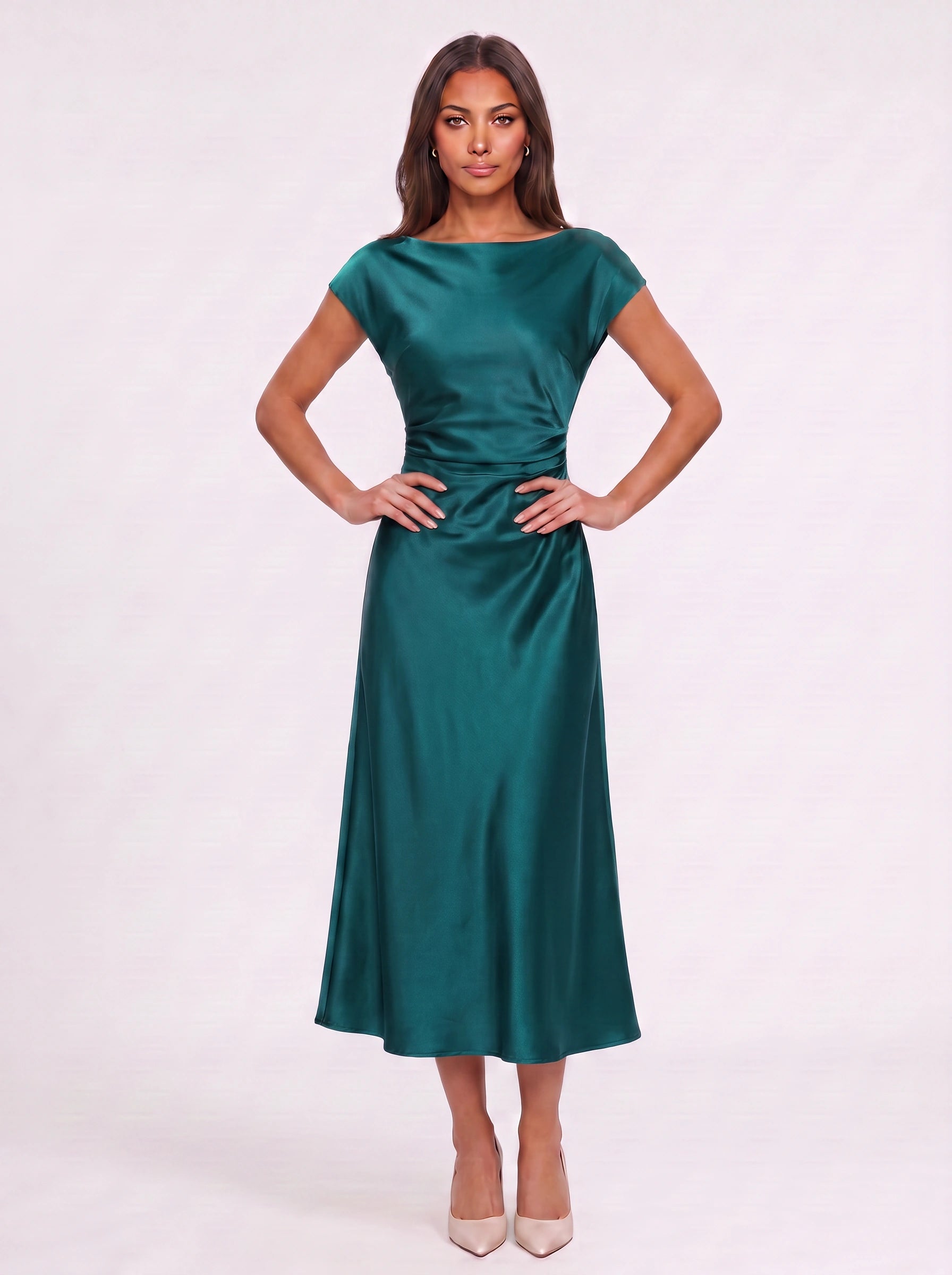 Olivara Satin Wrap Midi Dress – Formal Wedding Guest Women Elegant Evening Boat Neck Midi Dress