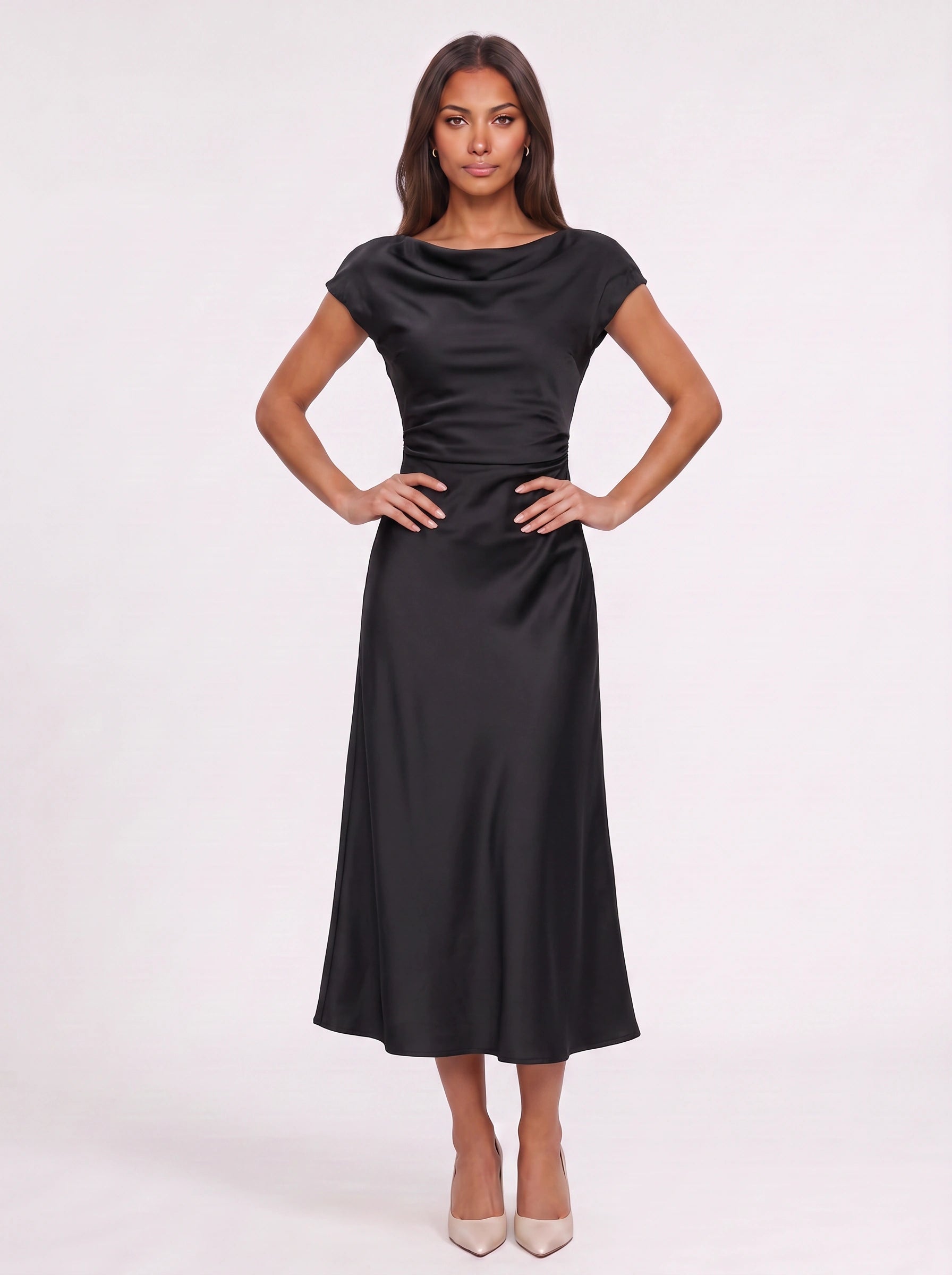 Olivara Satin Wrap Midi Dress – Formal Wedding Guest Women Elegant Evening Boat Neck Midi Dress