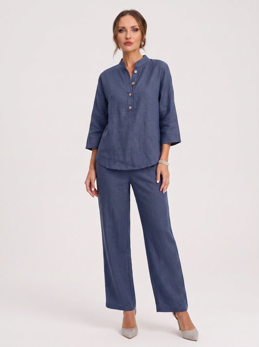 Rimavi Linen Button-Front Top Trouser Co-Ord Set – Two Piece Sets Women Lounge Casual Pajama Sets Batwing Sleeve Loungewear