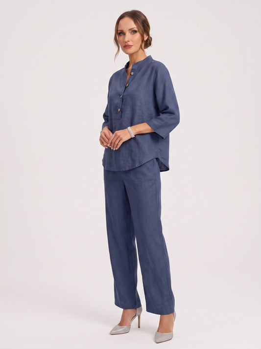 Rimavi Linen Button-Front Top Trouser Co-Ord Set – Two Piece Sets Women Lounge Casual Pajama Sets Batwing Sleeve Loungewear