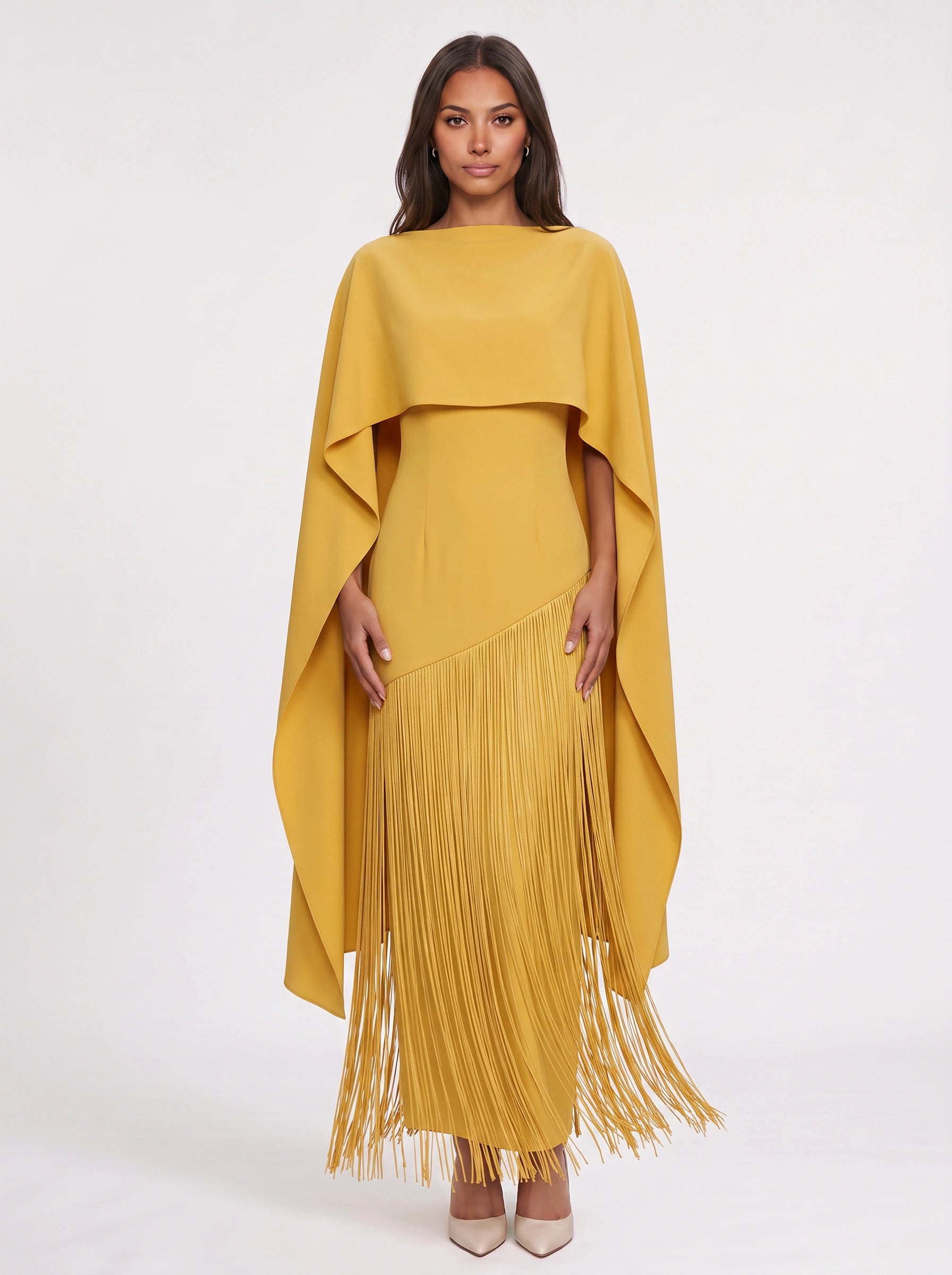 Frinova Cape Sleeve Fringe Maxi Dress – Wedding Guest Women Formal Evening Elegant Maxi Dress