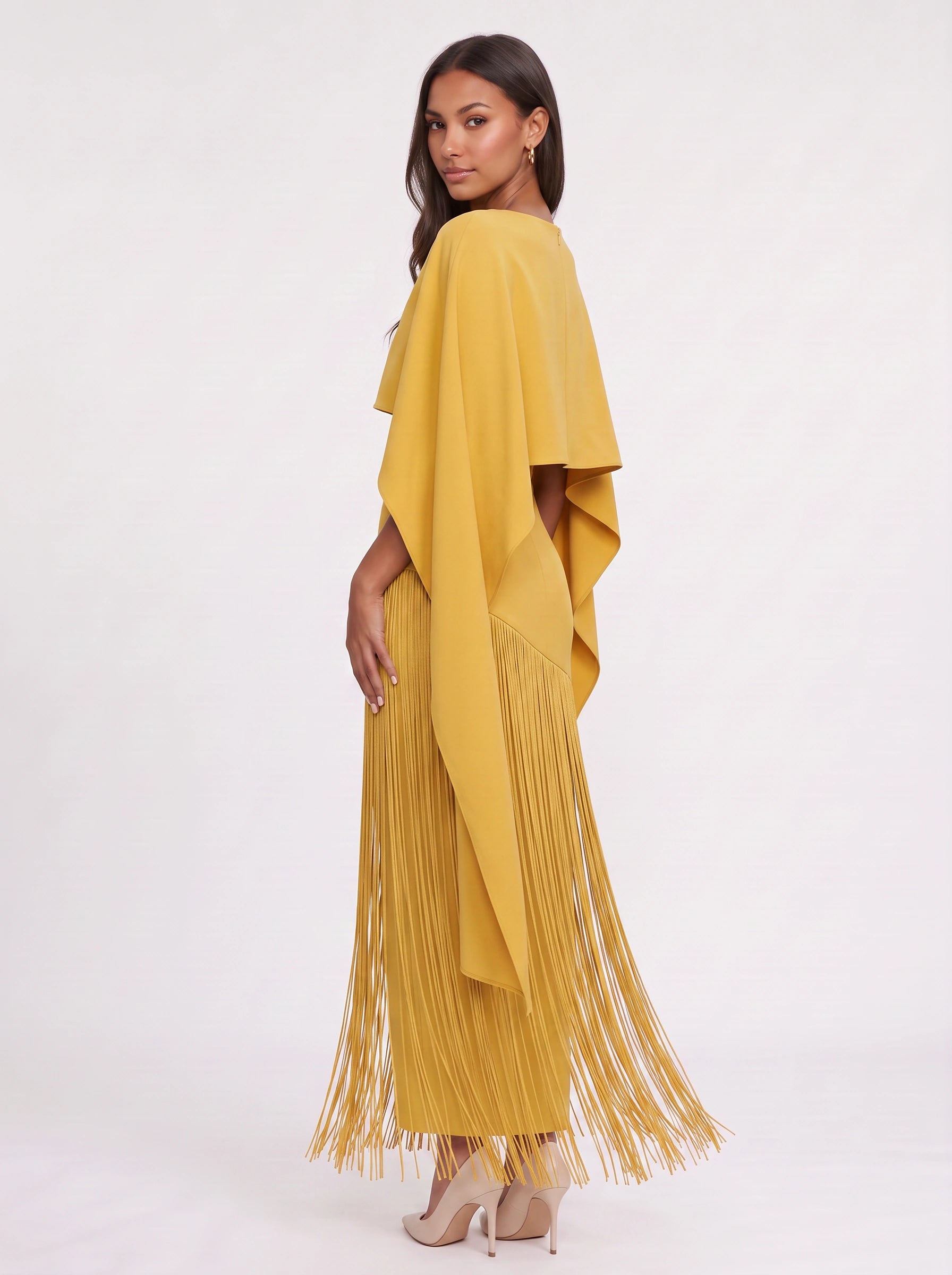 Frinova Cape Sleeve Fringe Maxi Dress – Wedding Guest Women Formal Evening Elegant Maxi Dress
