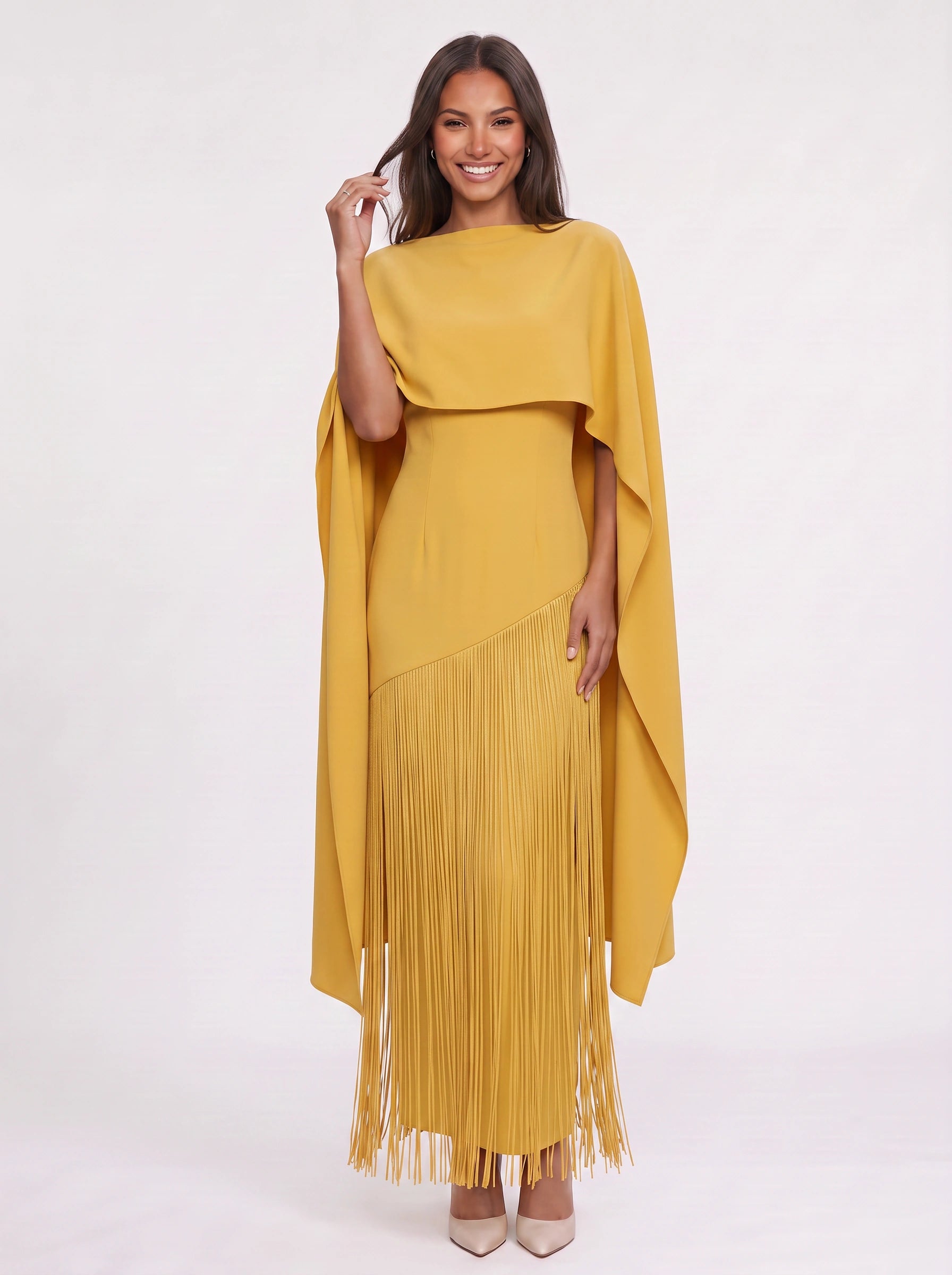 Frinova Cape Sleeve Fringe Maxi Dress – Wedding Guest Women Formal Evening Elegant Maxi Dress