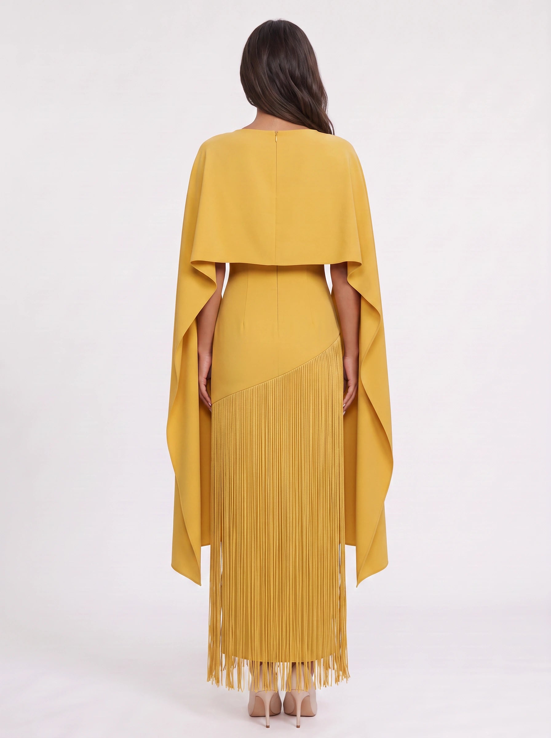 Frinova Cape Sleeve Fringe Maxi Dress – Wedding Guest Women Formal Evening Elegant Maxi Dress