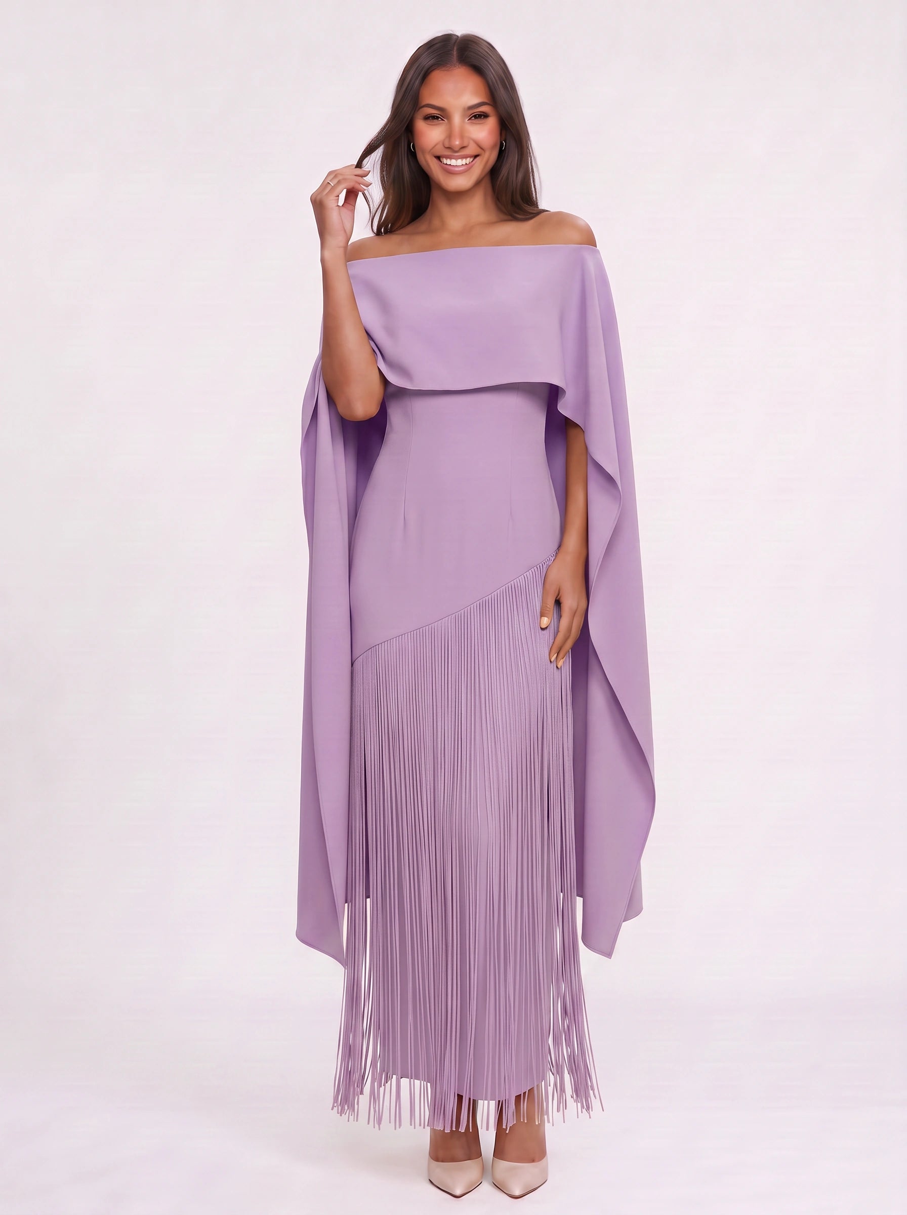 Frinova Cape Sleeve Fringe Maxi Dress – Wedding Guest Women Formal Evening Elegant Maxi Dress
