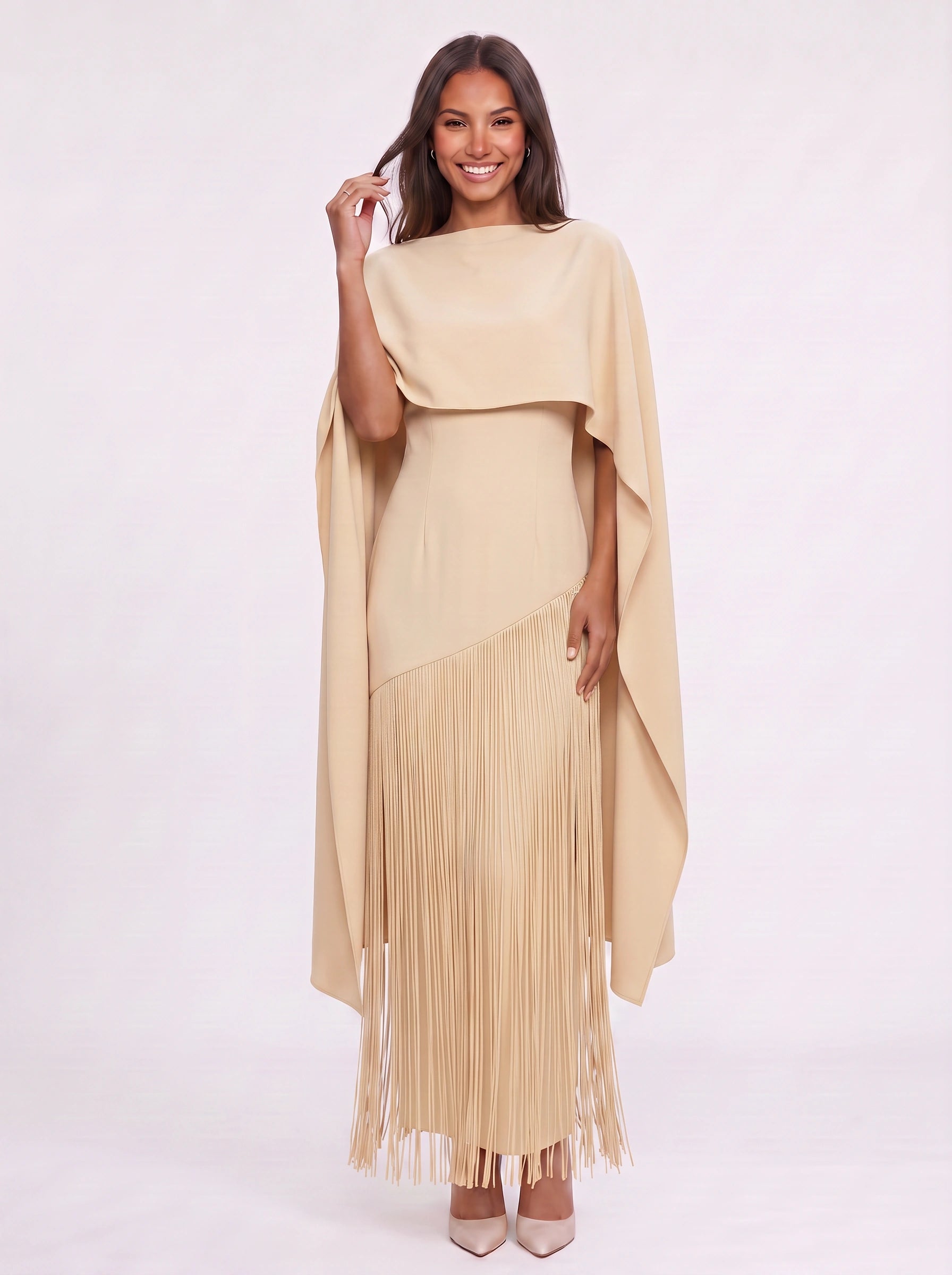 Frinova Cape Sleeve Fringe Maxi Dress – Wedding Guest Women Formal Evening Elegant Maxi Dress