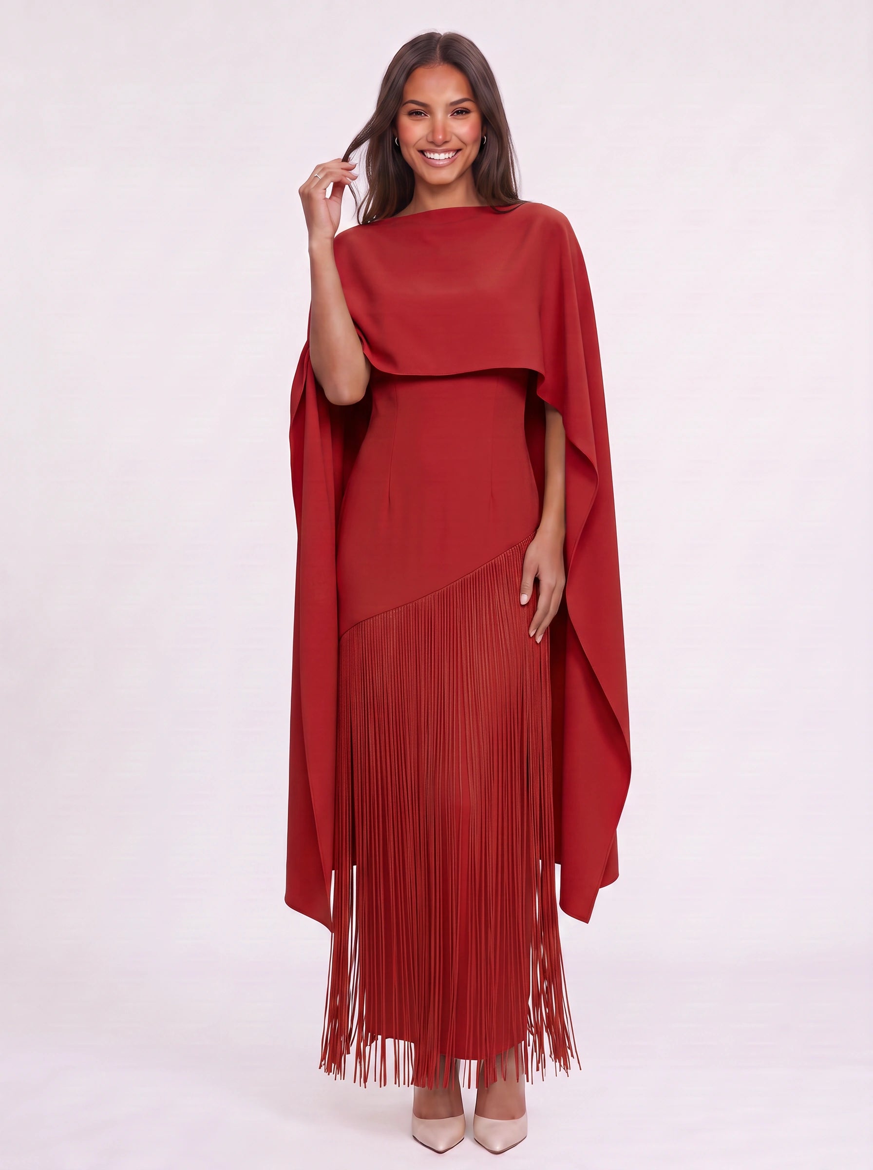 Frinova Cape Sleeve Fringe Maxi Dress – Wedding Guest Women Formal Evening Elegant Maxi Dress