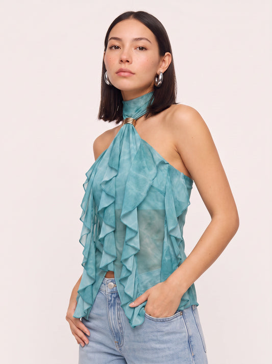 Cascala Halter Ruffle Top – Women Elegant Sheer Sleeveless Formal Party Summer Blouse