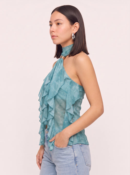 Cascala Halter Ruffle Top – Women Elegant Sheer Sleeveless Formal Party Summer Blouse