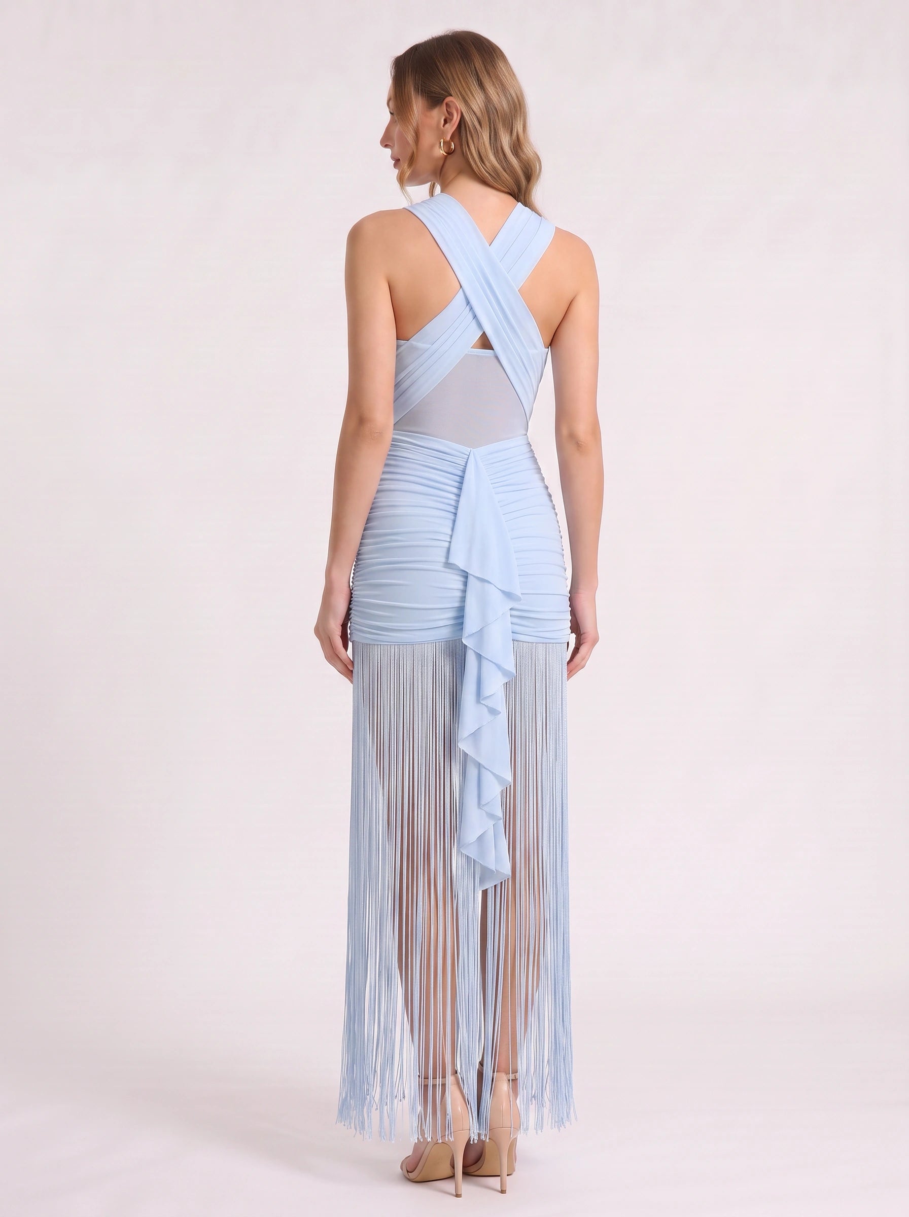 Frinzia Ruched Halter Maxi Dress – Fringe Maxi Dress Women Summer Wedding Guest Evening Formal Bodycon Dress