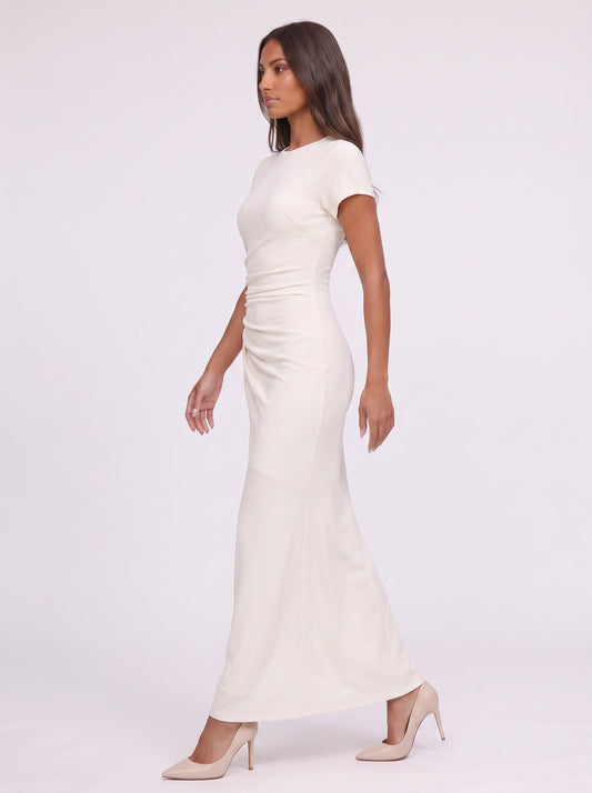 Robe longue Ruchella froncée sur le côté, style t-shirt – Robe décontractée pour femme, été, vacances et plage, mélange de lin