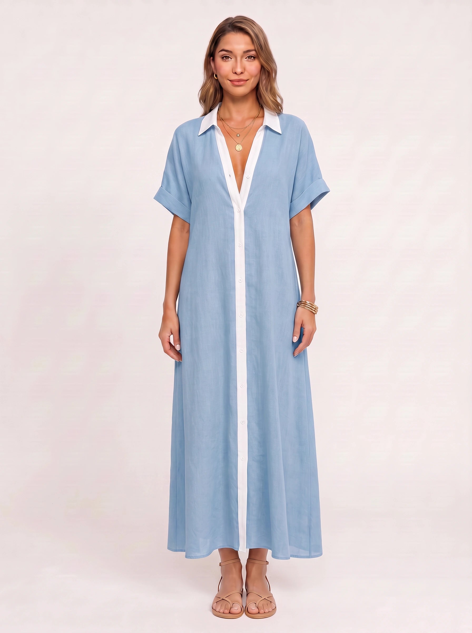 Solrina Contrast Panel Maxi Dress – Linen Shirt Dress Women Beach Vacation Resort Caftan Maxi Dress