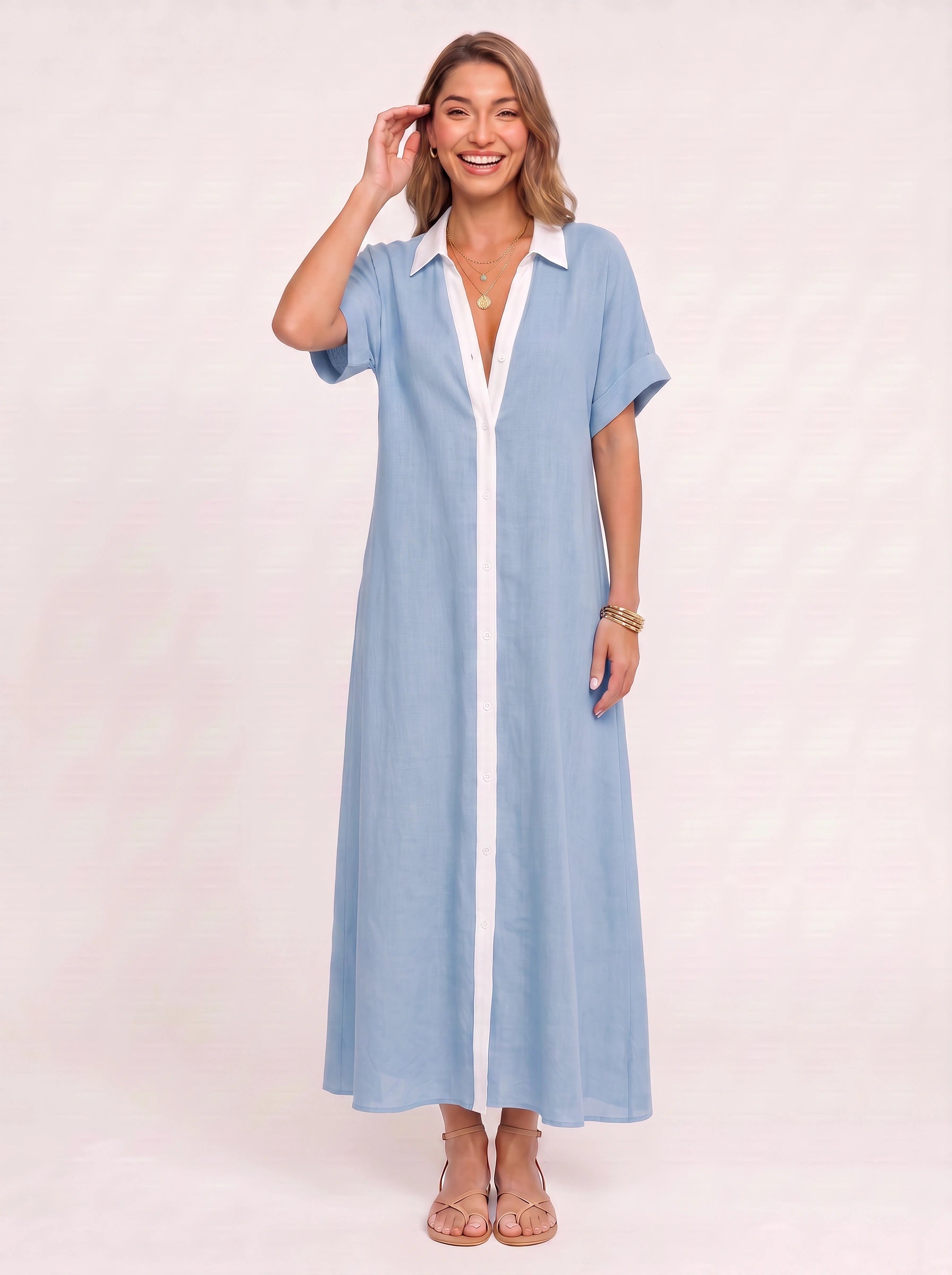 Solrina Contrast Panel Maxi Dress – Linen Shirt Dress Women Beach Vacation Resort Caftan Maxi Dress