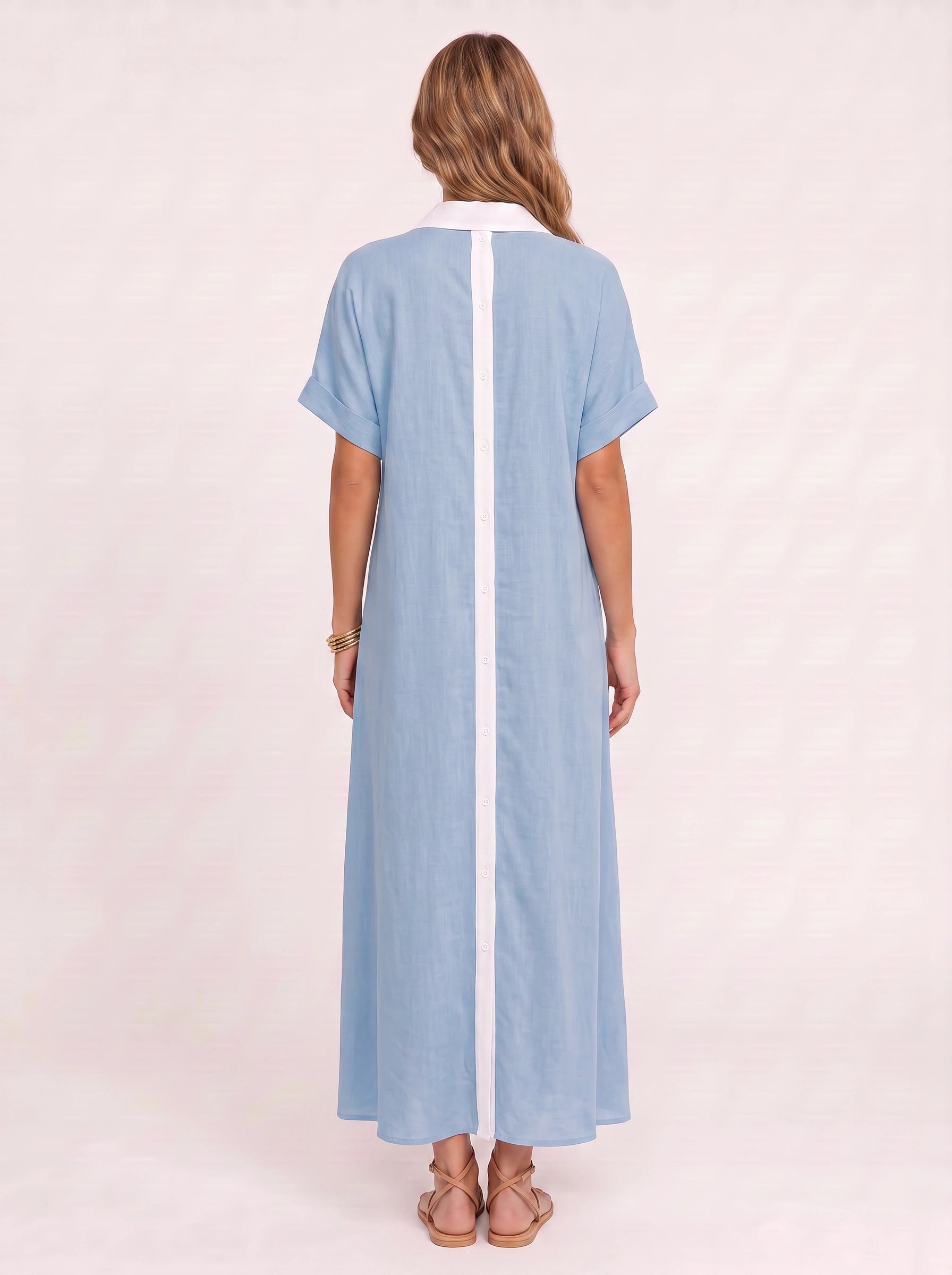 Solrina Contrast Panel Maxi Dress – Linen Shirt Dress Women Beach Vacation Resort Caftan Maxi Dress
