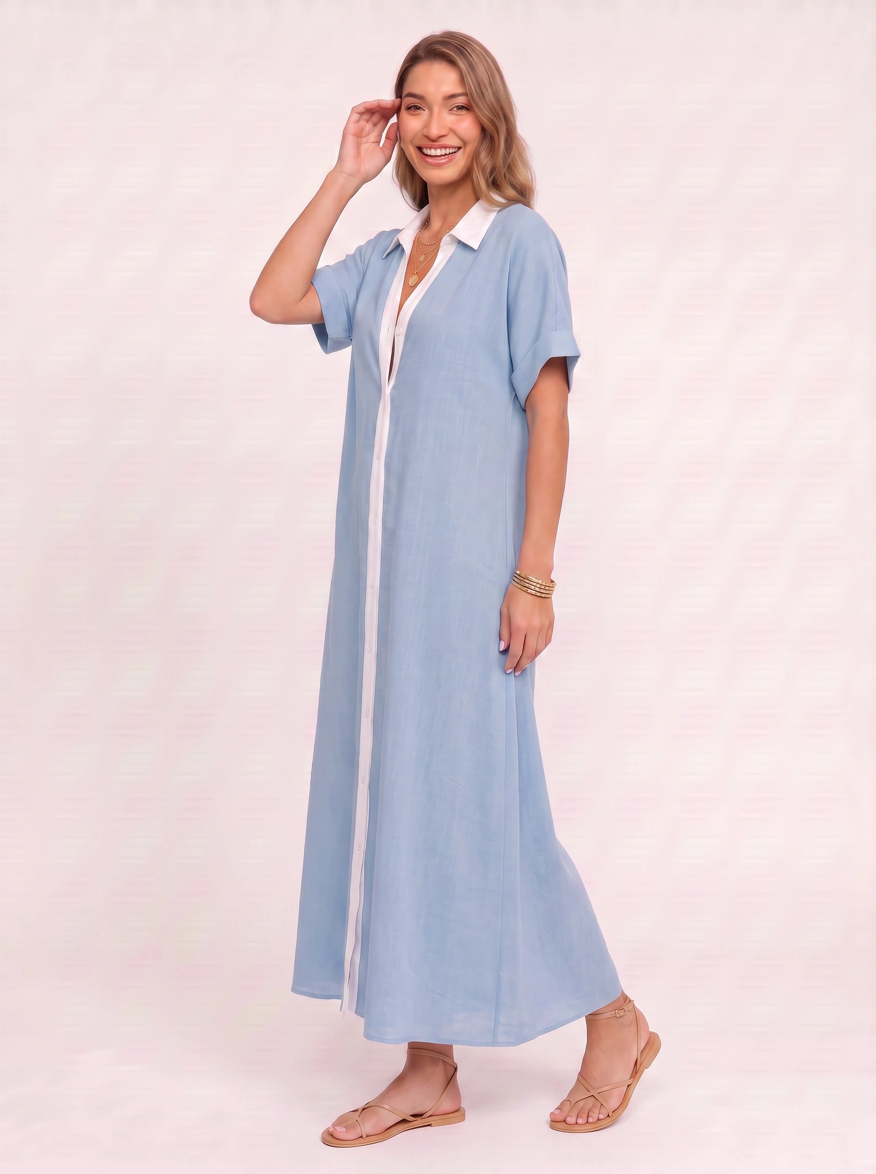Solrina Contrast Panel Maxi Dress – Linen Shirt Dress Women Beach Vacation Resort Caftan Maxi Dress