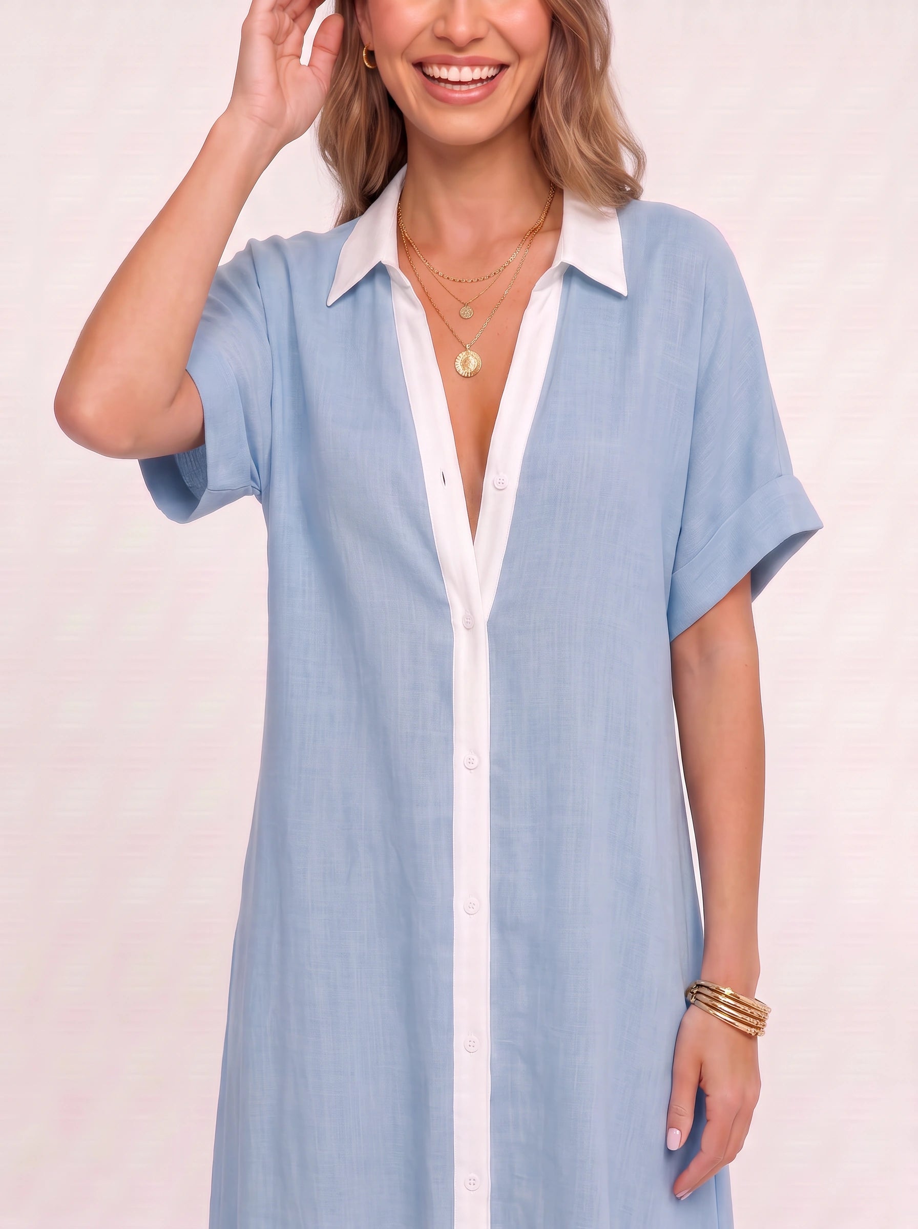 Solrina Contrast Panel Maxi Dress – Linen Shirt Dress Women Beach Vacation Resort Caftan Maxi Dress