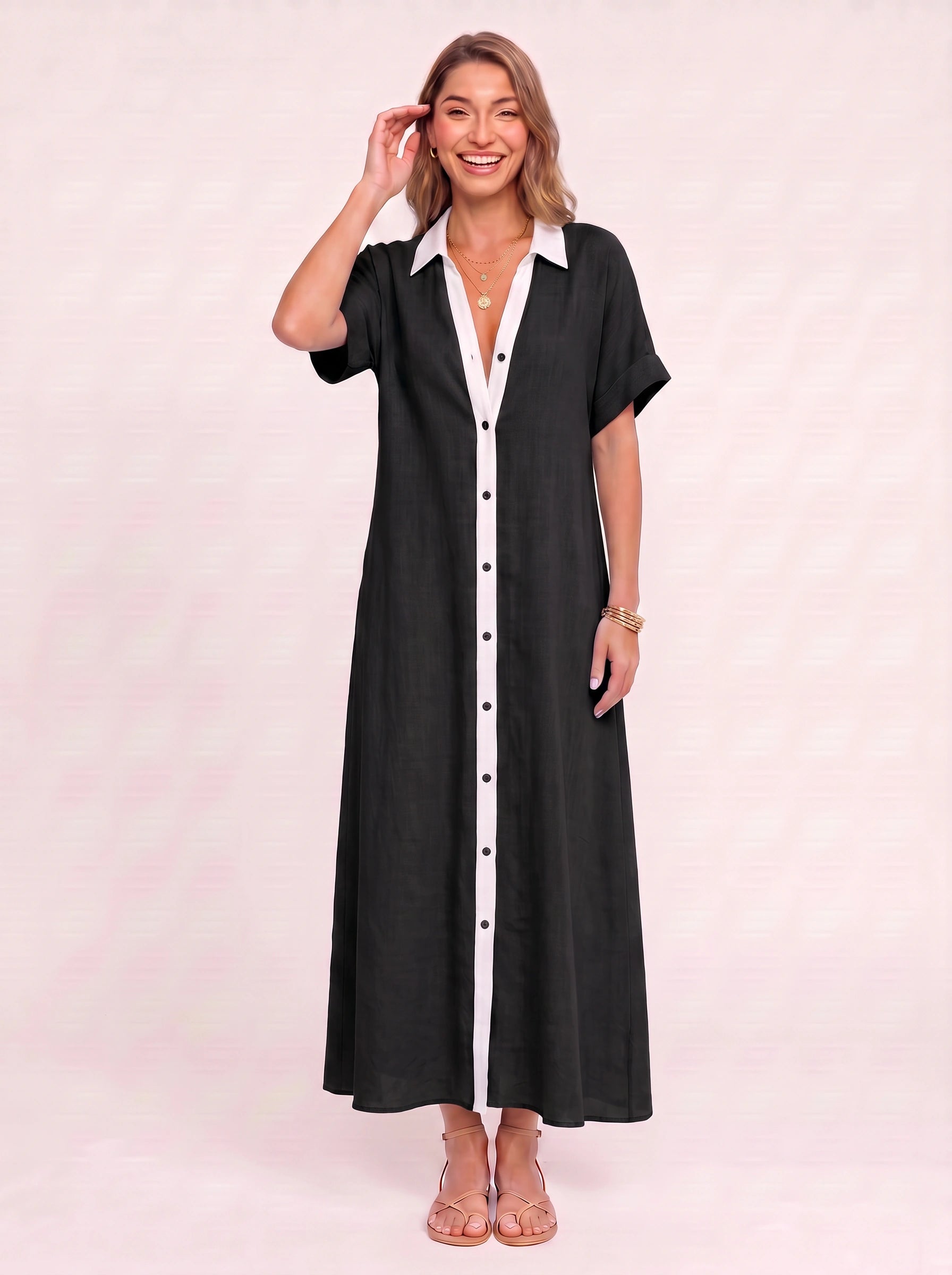 Solrina Contrast Panel Maxi Dress – Linen Shirt Dress Women Beach Vacation Resort Caftan Maxi Dress