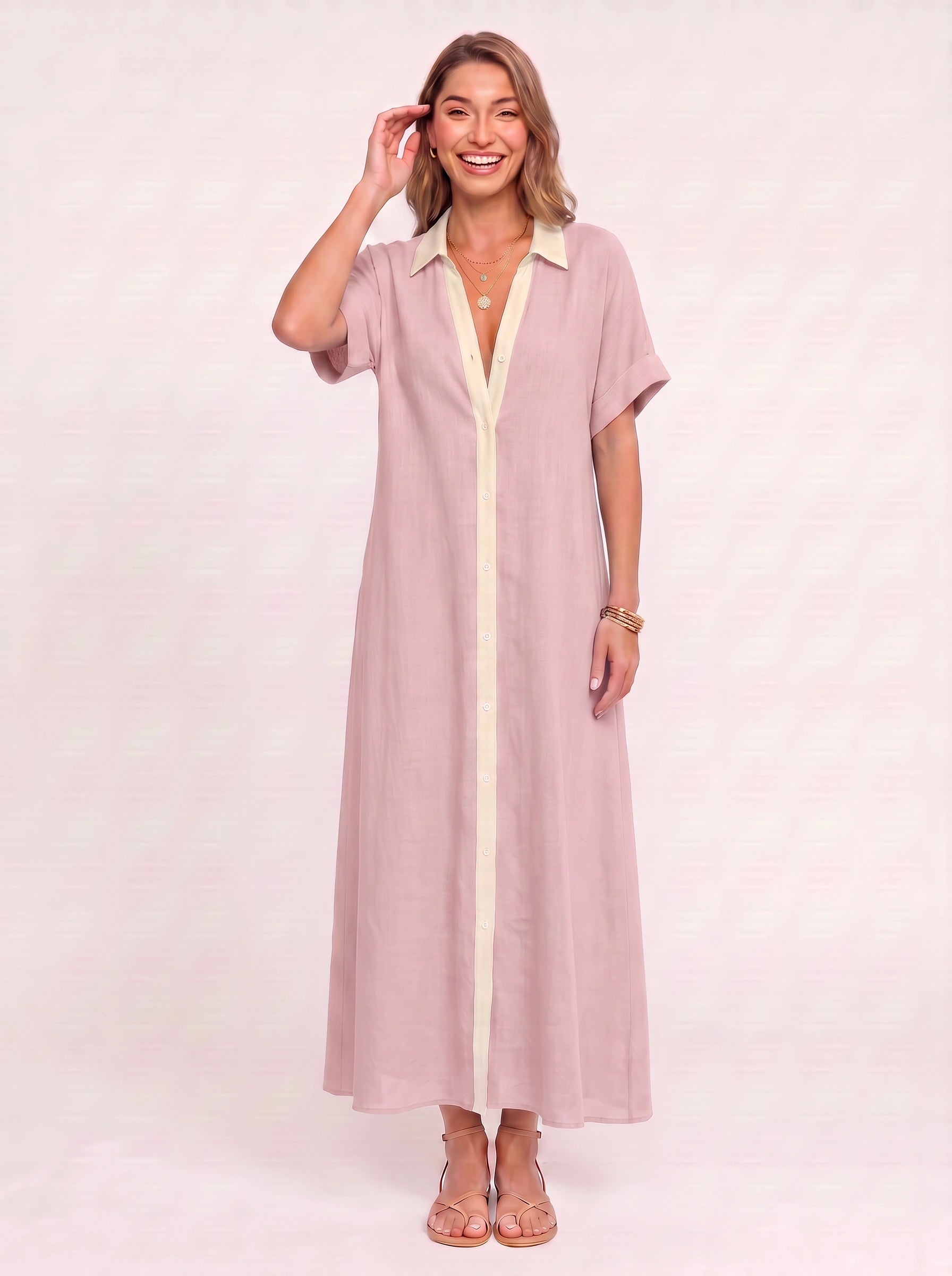 Solrina Contrast Panel Maxi Dress – Linen Shirt Dress Women Beach Vacation Resort Caftan Maxi Dress