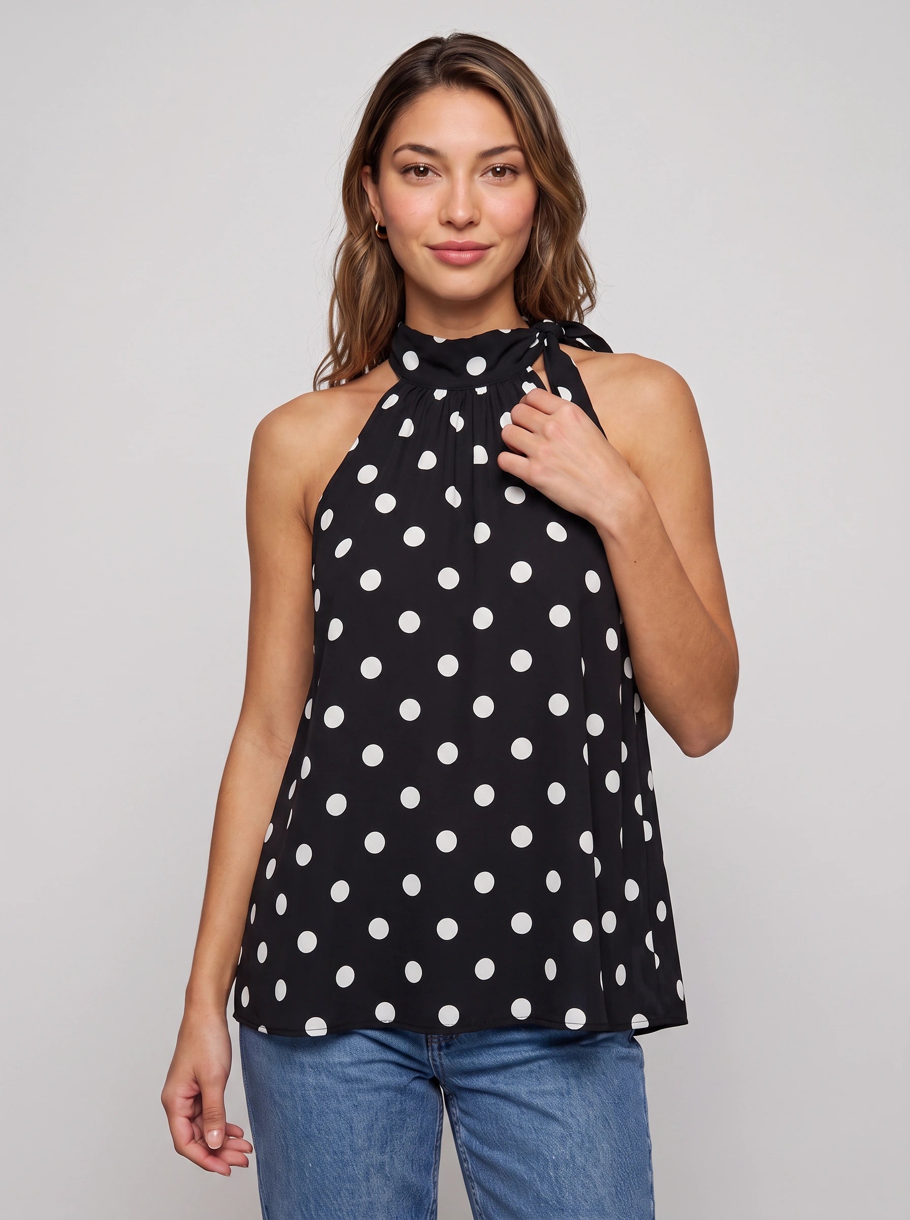 Amara Polka Dot Halter Top – Sleeveless High Neck Women Summer Casual Vacation Chiffon Blouse