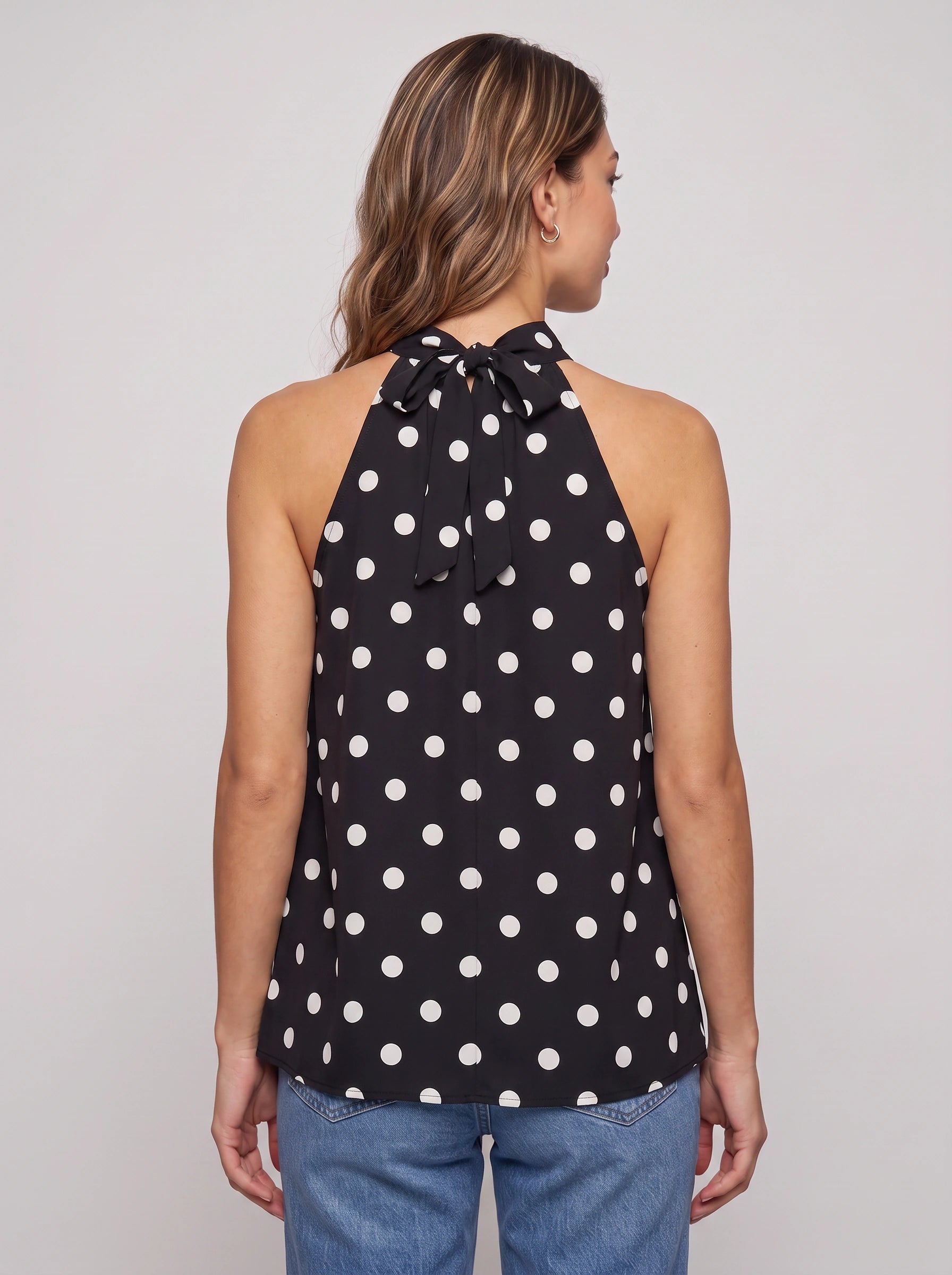 Amara Polka Dot Halter Top – Sleeveless High Neck Women Summer Casual Vacation Chiffon Blouse