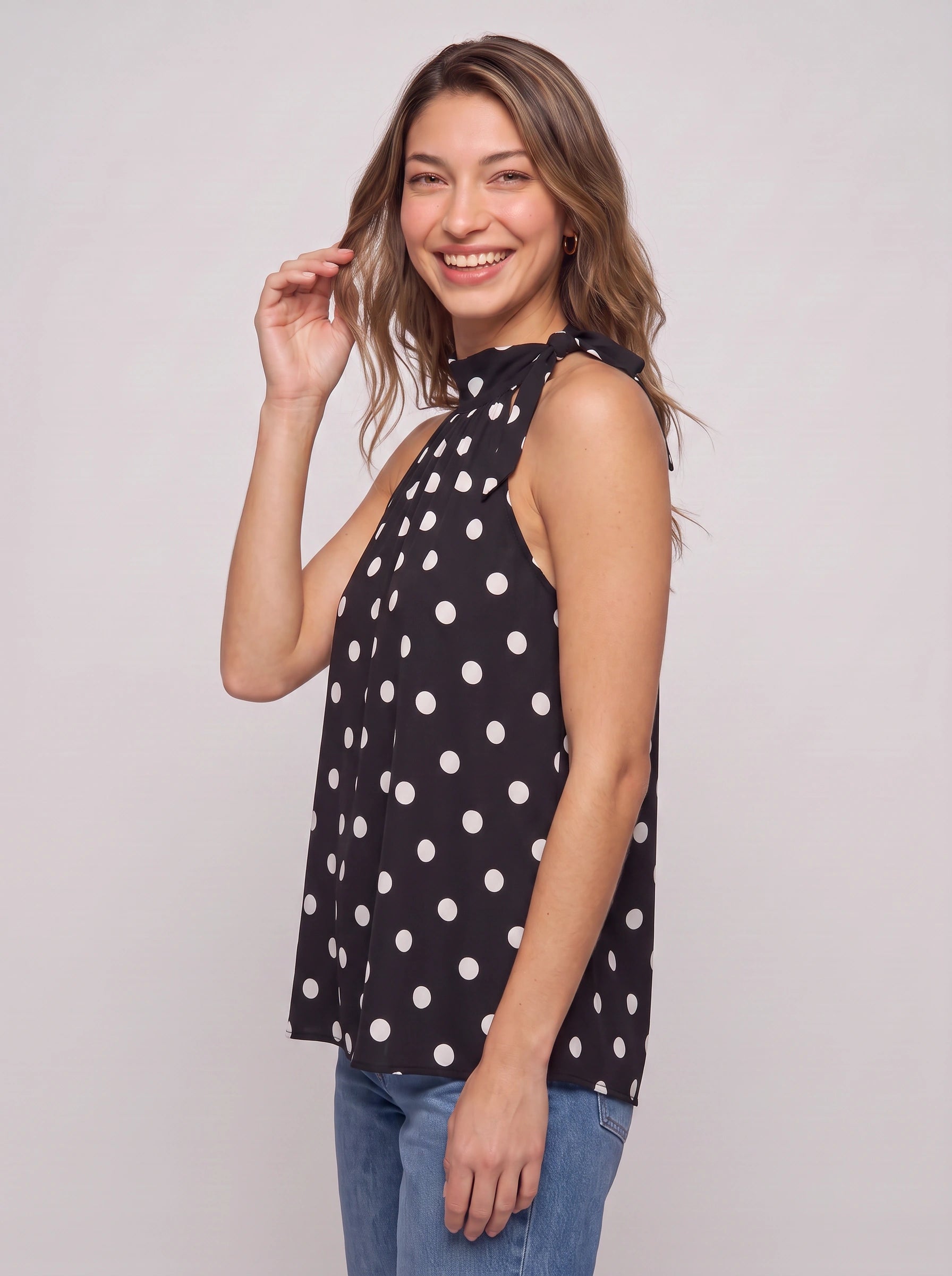 Amara Polka Dot Halter Top – Sleeveless High Neck Women Summer Casual Vacation Chiffon Blouse