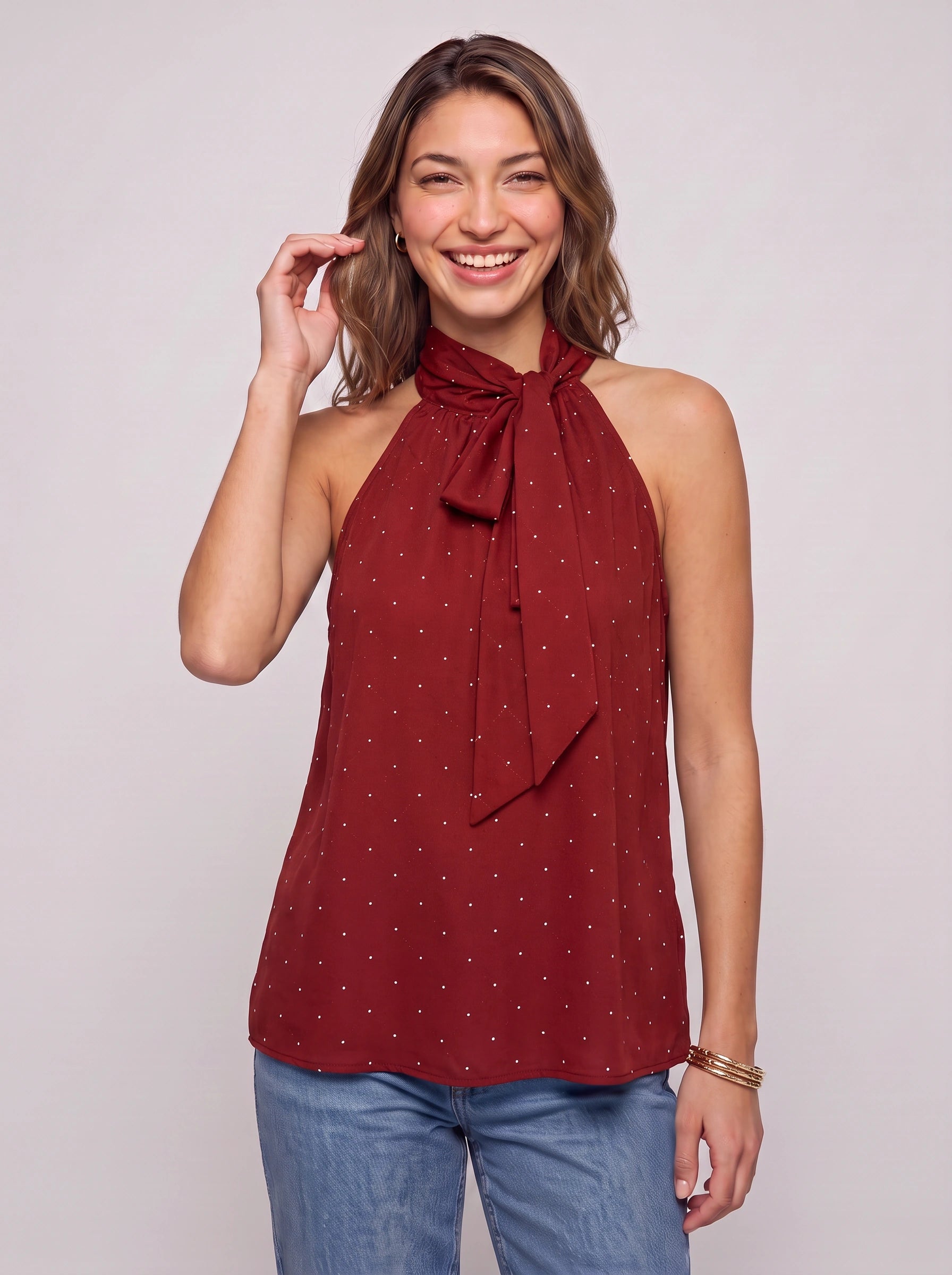 Amara Polka Dot Halter Top – Sleeveless High Neck Women Summer Casual Vacation Chiffon Blouse