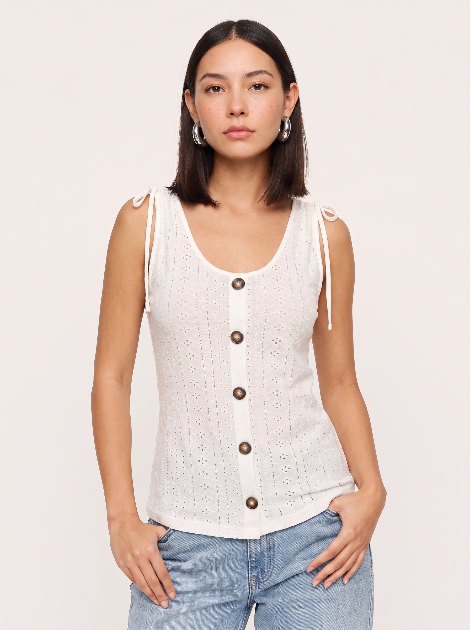 Brotella Eyelet Button-Front Tank Top – Women Summer Casual Vacation Cotton Tank Top Beach Resort