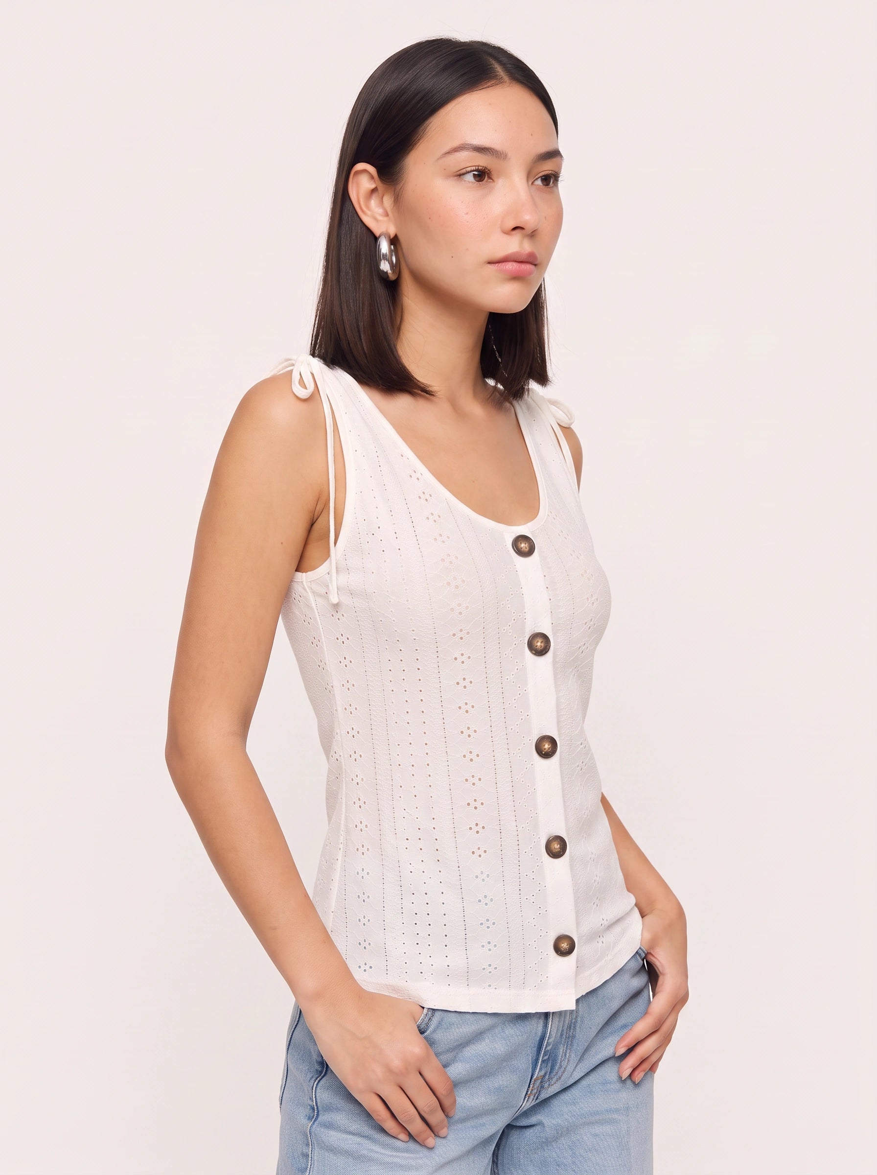 Brotella Eyelet Button-Front Tank Top – Women Summer Casual Vacation Cotton Tank Top Beach Resort