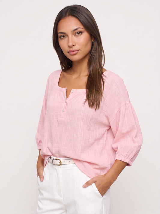 Roselín Puff-Sleeve Button Blouse – Linen Blouse Women Summer Vacation Beach Casual Ladies Tops