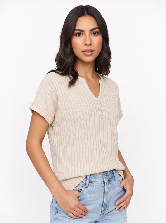 Rignara Linen Button V-Neck Top – Women Casual Summer Beach Vacation Oversized Lightweight Shirt