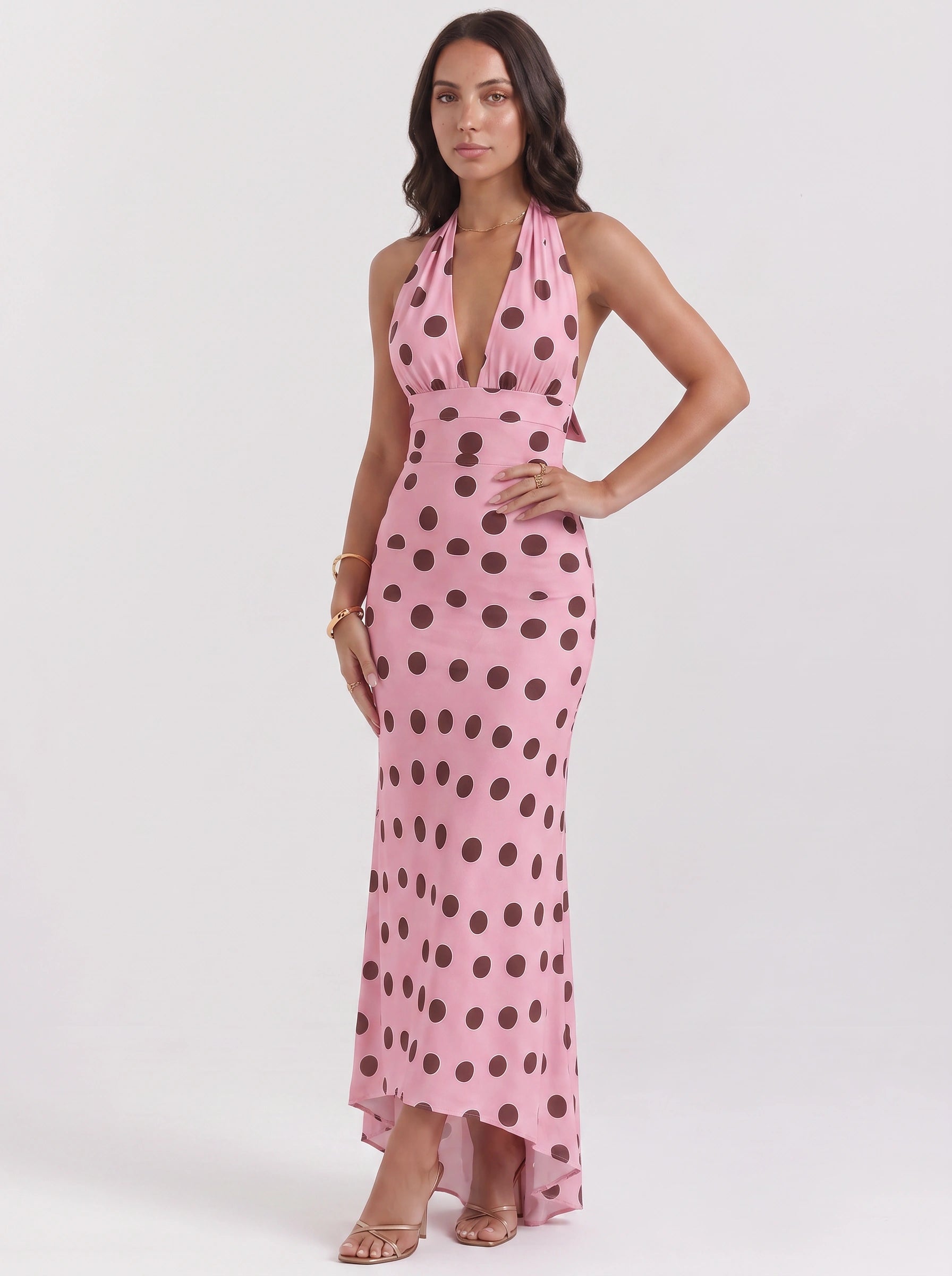 Puntina Backless Halter Maxi Dress – Polka Dot Summer Women Cocktail Formal Evening Wedding Guest Maxi Dress
