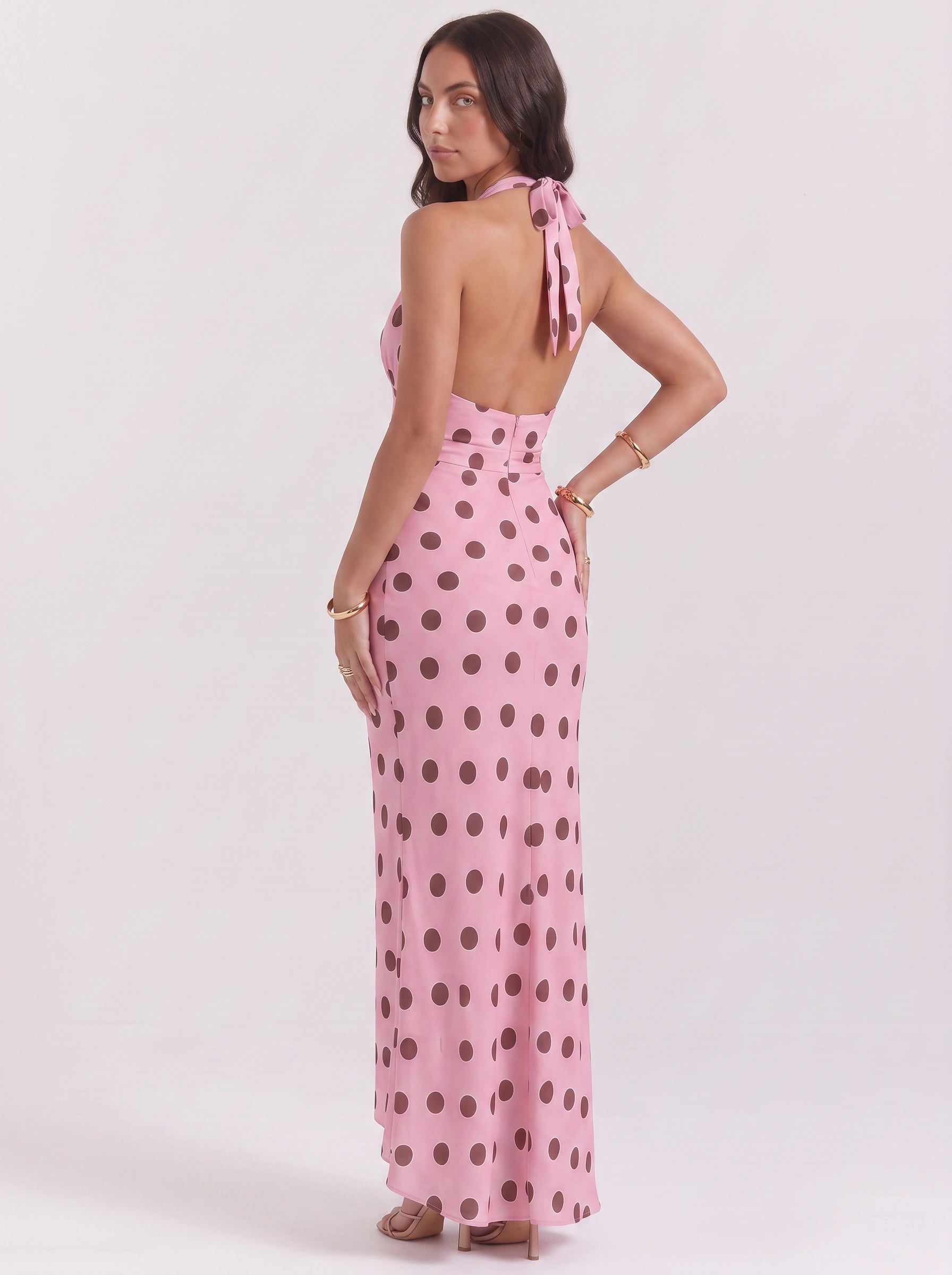 Puntina Backless Halter Maxi Dress – Polka Dot Summer Women Cocktail Formal Evening Wedding Guest Maxi Dress