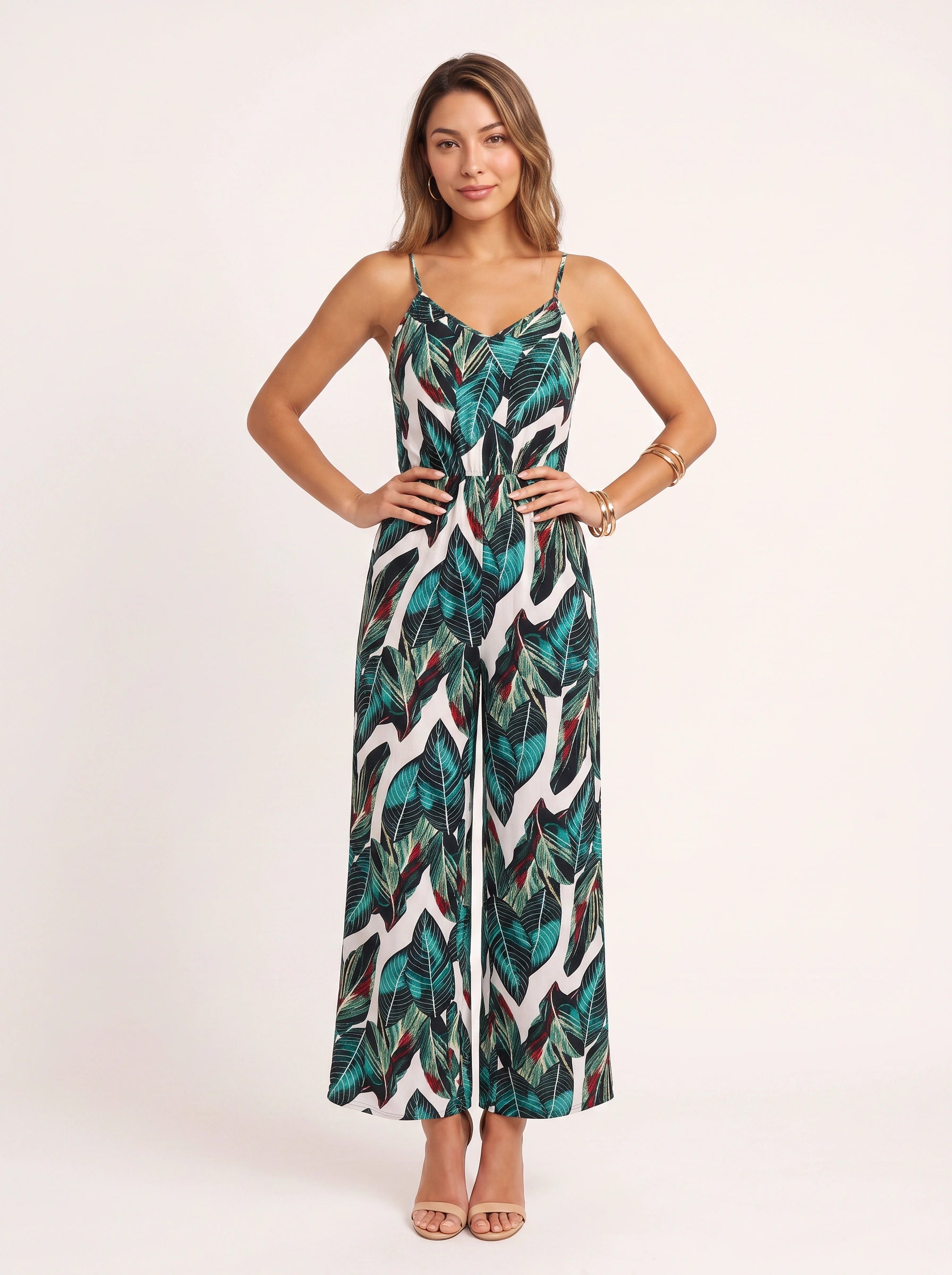 Palmwave Tropical Print Wide-Leg Jumpsuit – Cami Strap Summer Vacation Beach Resort Women Casual Jumpsuit