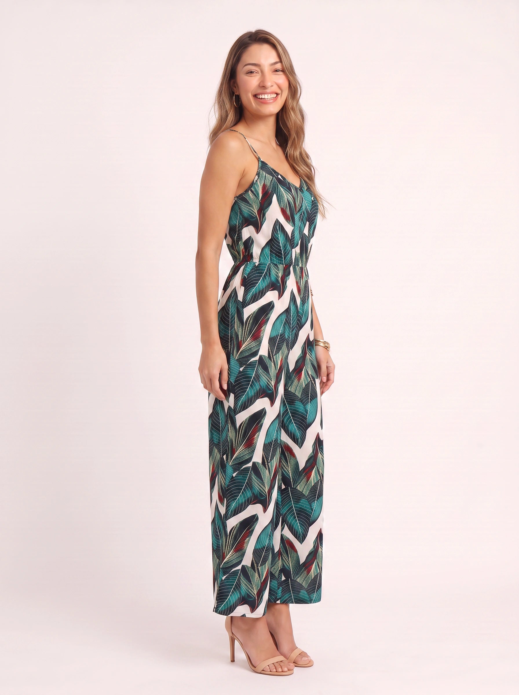 Palmwave Tropical Print Wide-Leg Jumpsuit – Cami Strap Summer Vacation Beach Resort Women Casual Jumpsuit
