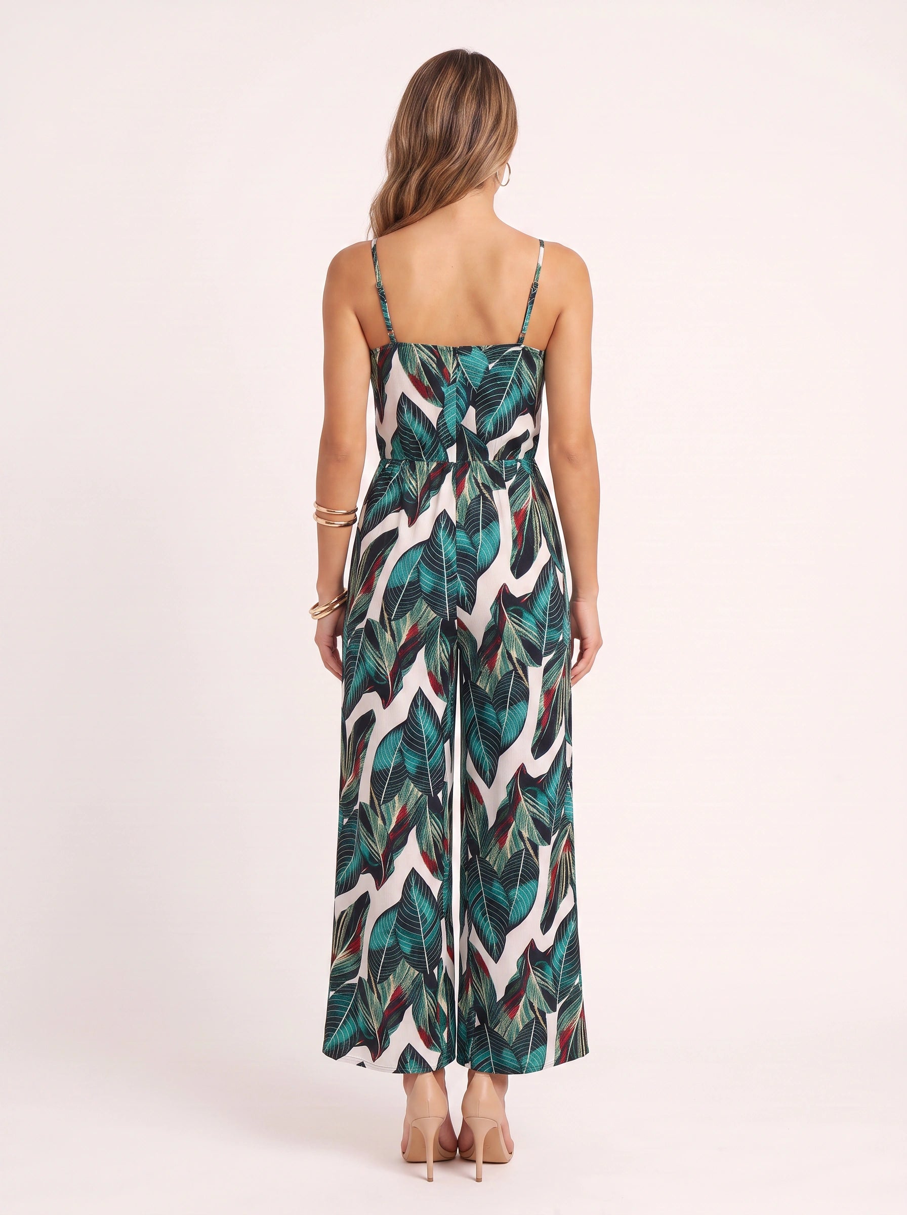 Palmwave Tropical Print Wide-Leg Jumpsuit – Cami Strap Summer Vacation Beach Resort Women Casual Jumpsuit