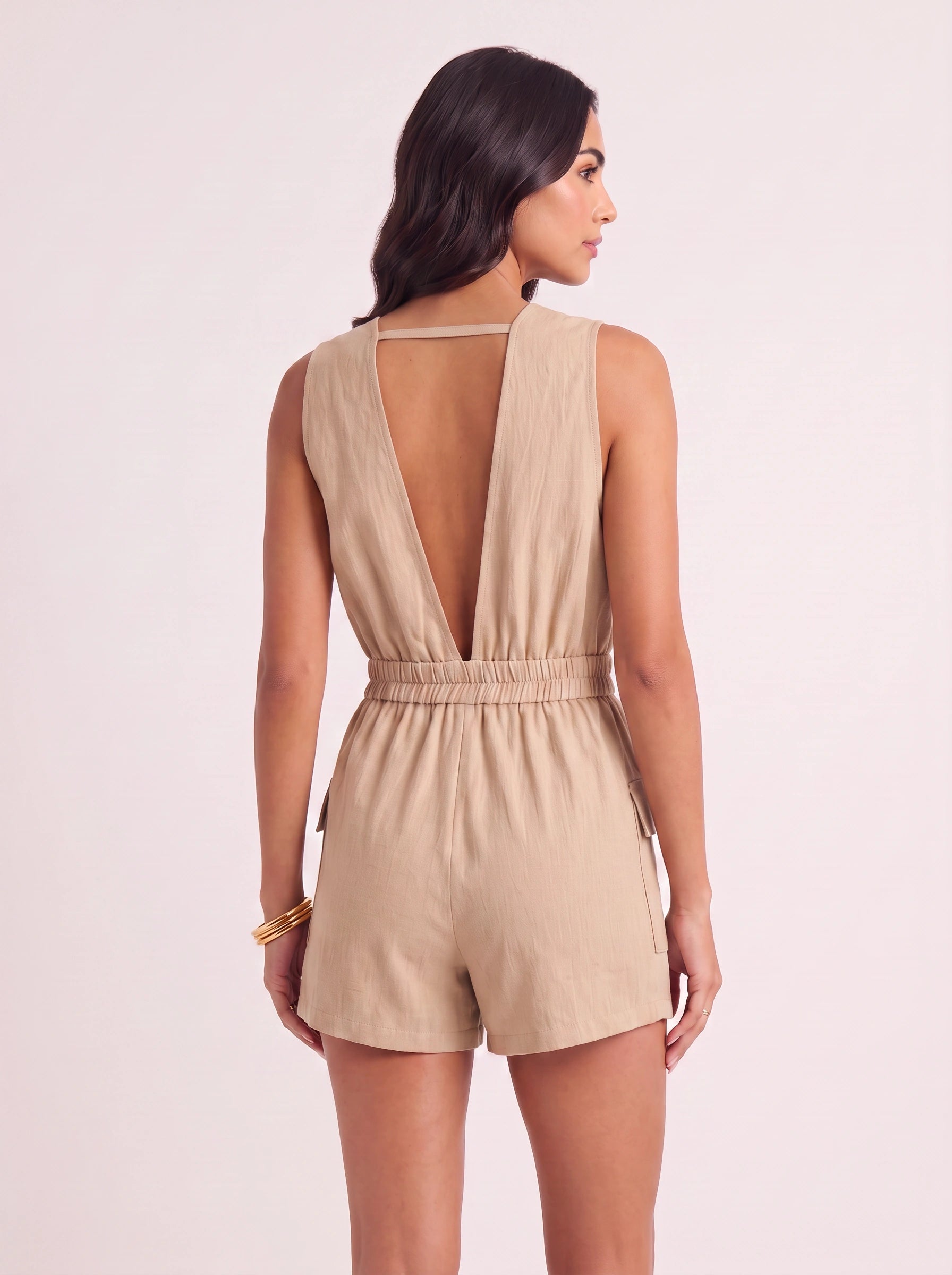 Combishort décontracté d’été Linetia pour femme, sans manches, col en V, cordon de serrage et poches cargo, idéal pour la plage et les vacances