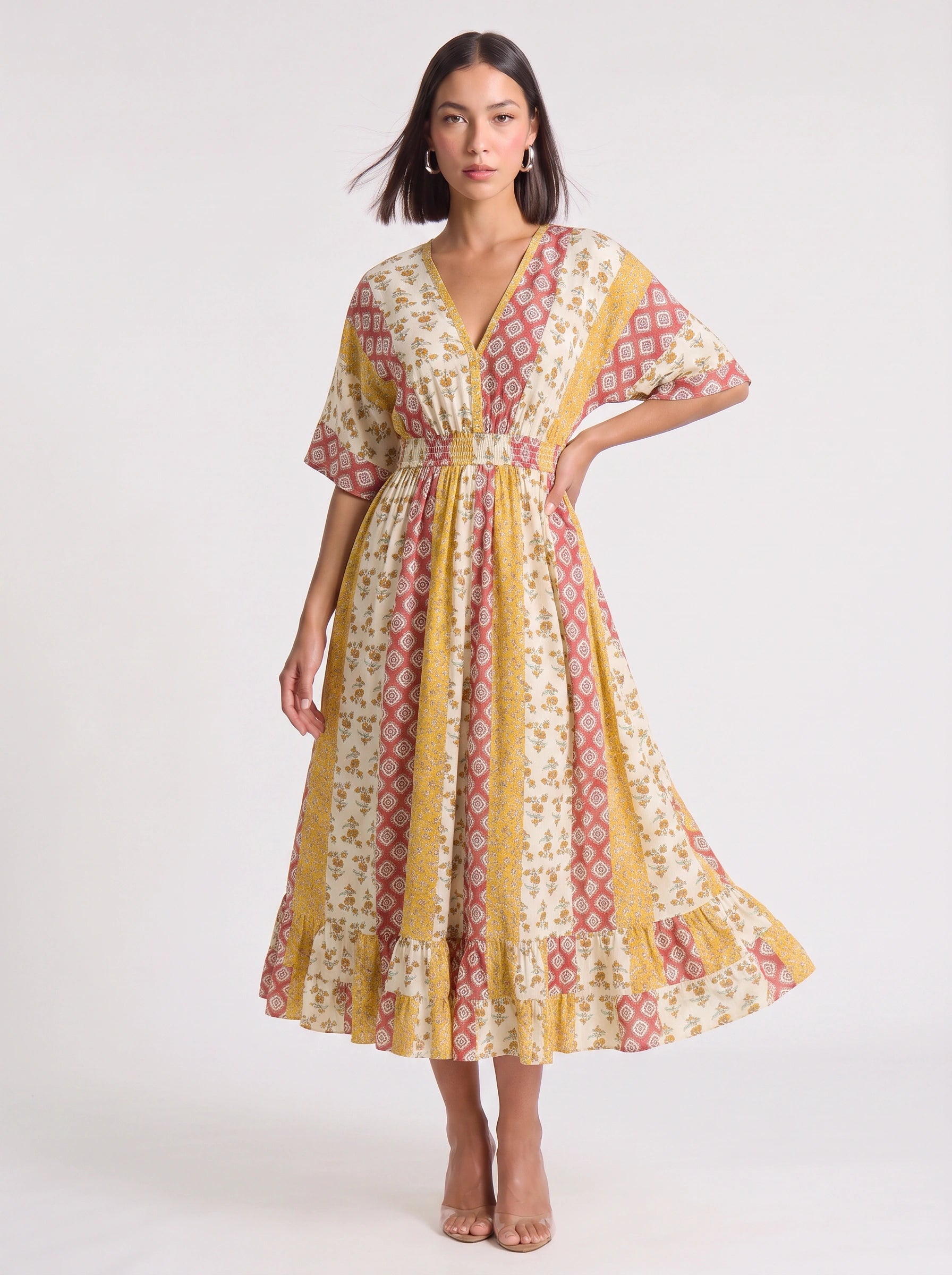 Patchori Kimono Sleeve Tiered Maxi Dress – Floral Patchwork Women Summer Boho Beach Vacation Sundress Maxi Dress