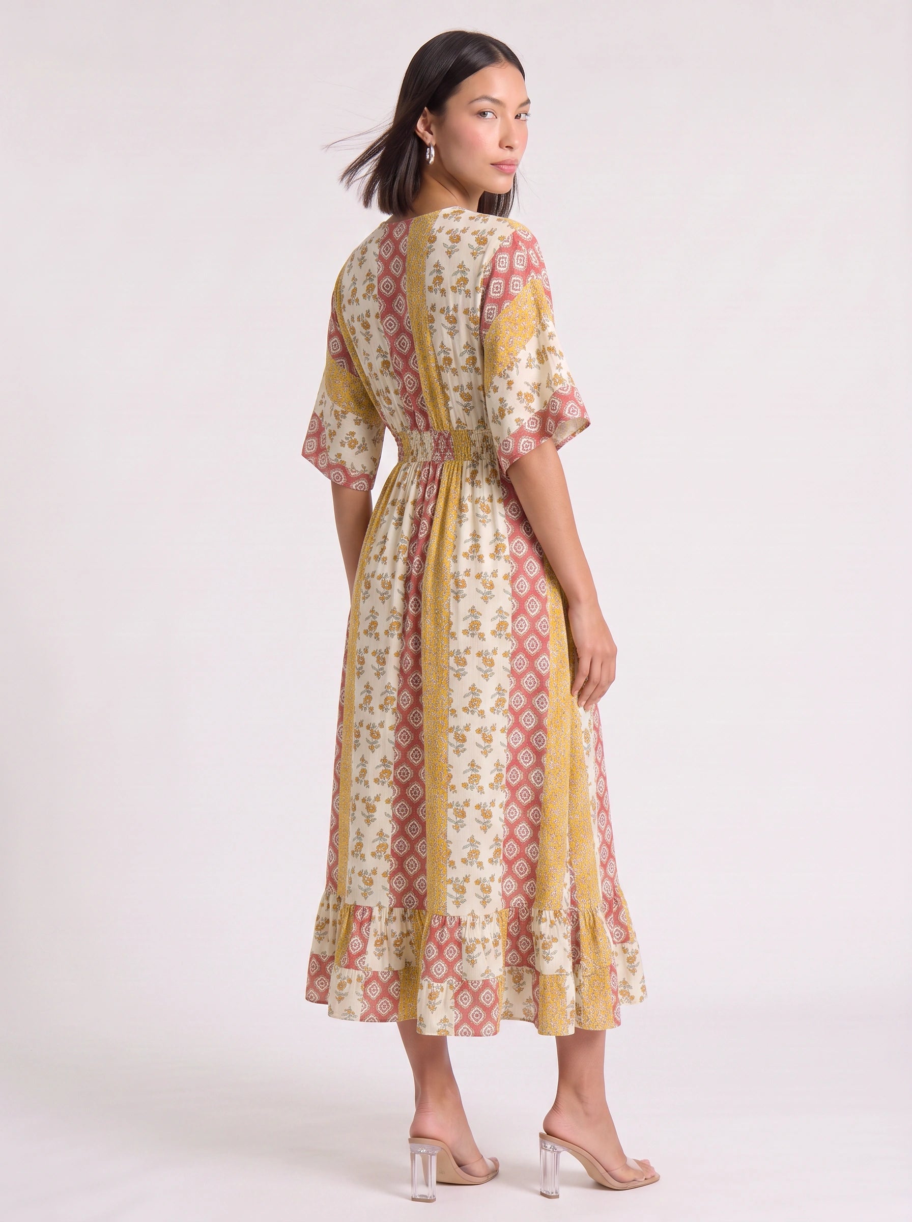 Patchori Kimono Sleeve Tiered Maxi Dress – Floral Patchwork Women Summer Boho Beach Vacation Sundress Maxi Dress