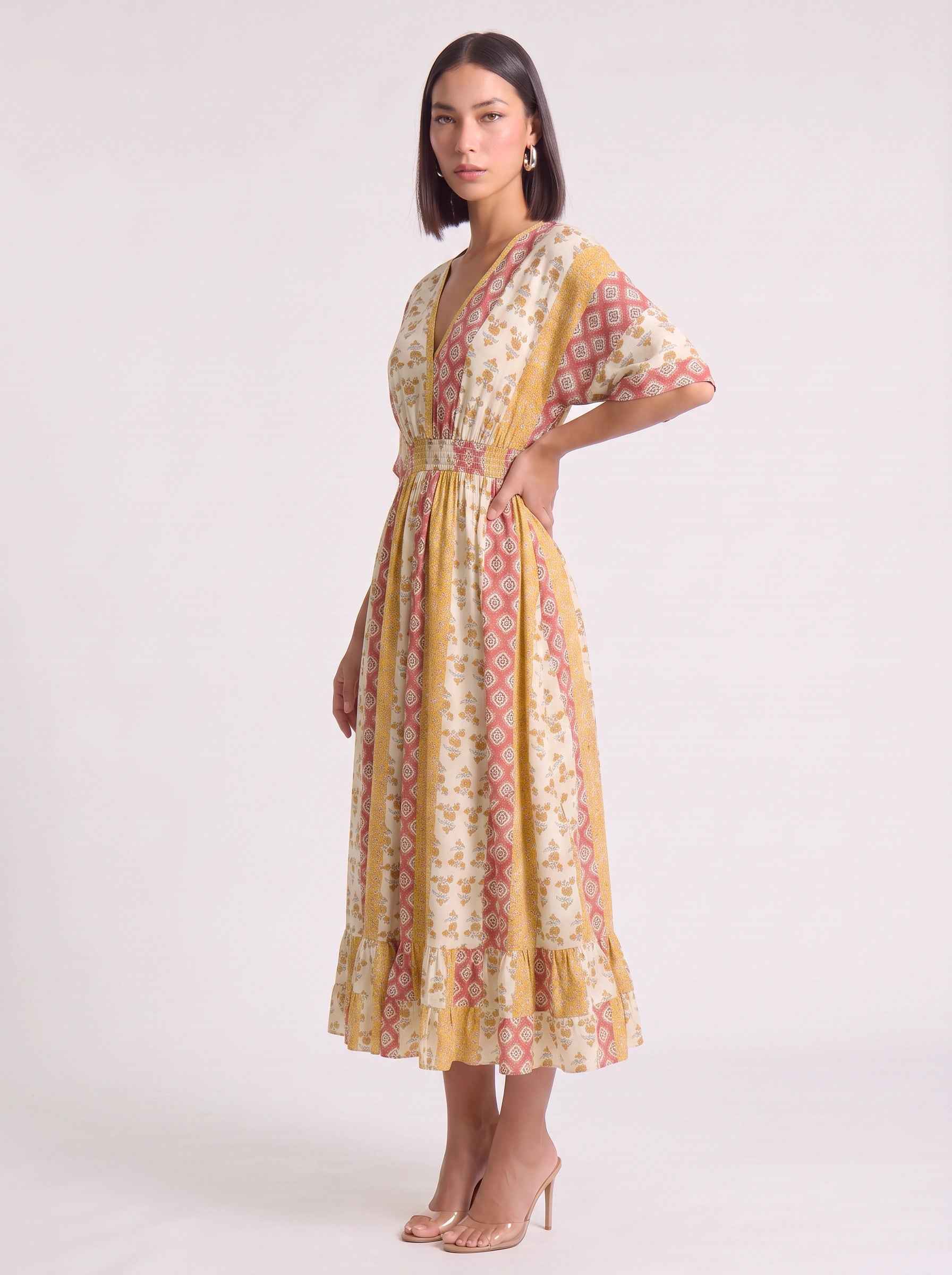 Patchori Kimono Sleeve Tiered Maxi Dress – Floral Patchwork Women Summer Boho Beach Vacation Sundress Maxi Dress