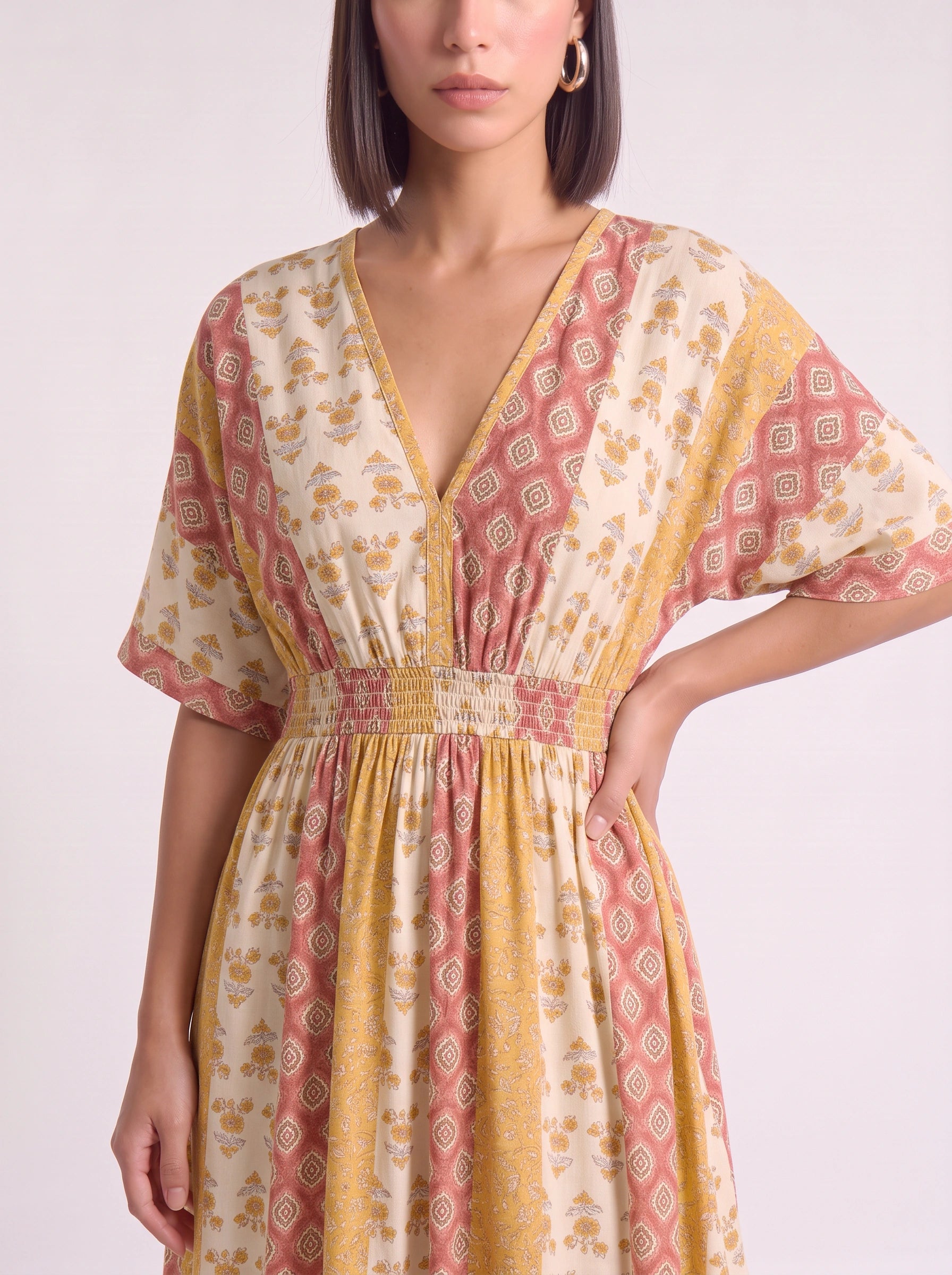 Patchori Kimono Sleeve Tiered Maxi Dress – Floral Patchwork Women Summer Boho Beach Vacation Sundress Maxi Dress