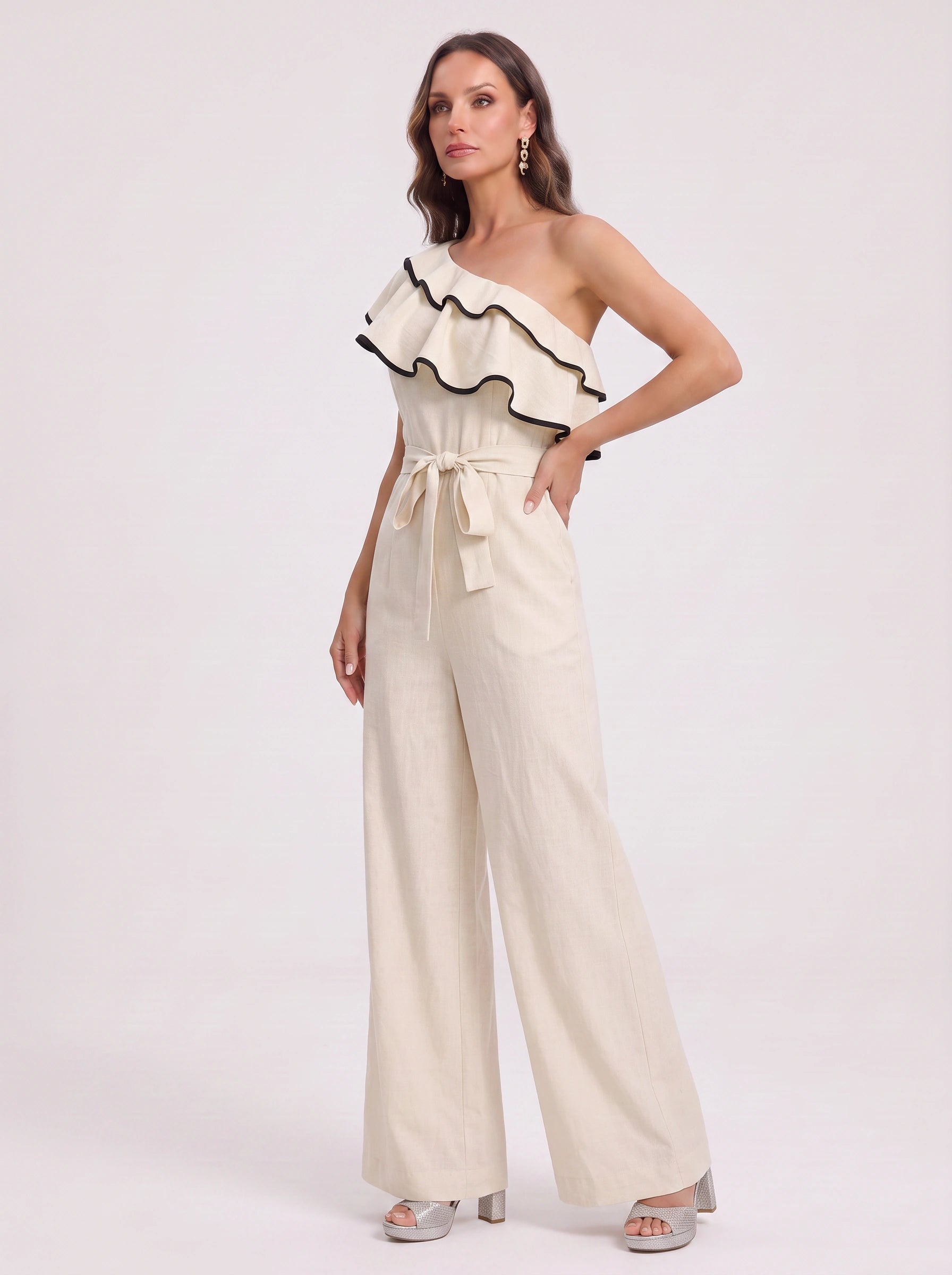 Ondira One-Shoulder Ruffle Jumpsuit – Wide-Leg Belted Jumpsuit Women Summer Wedding Guest Formal Romper